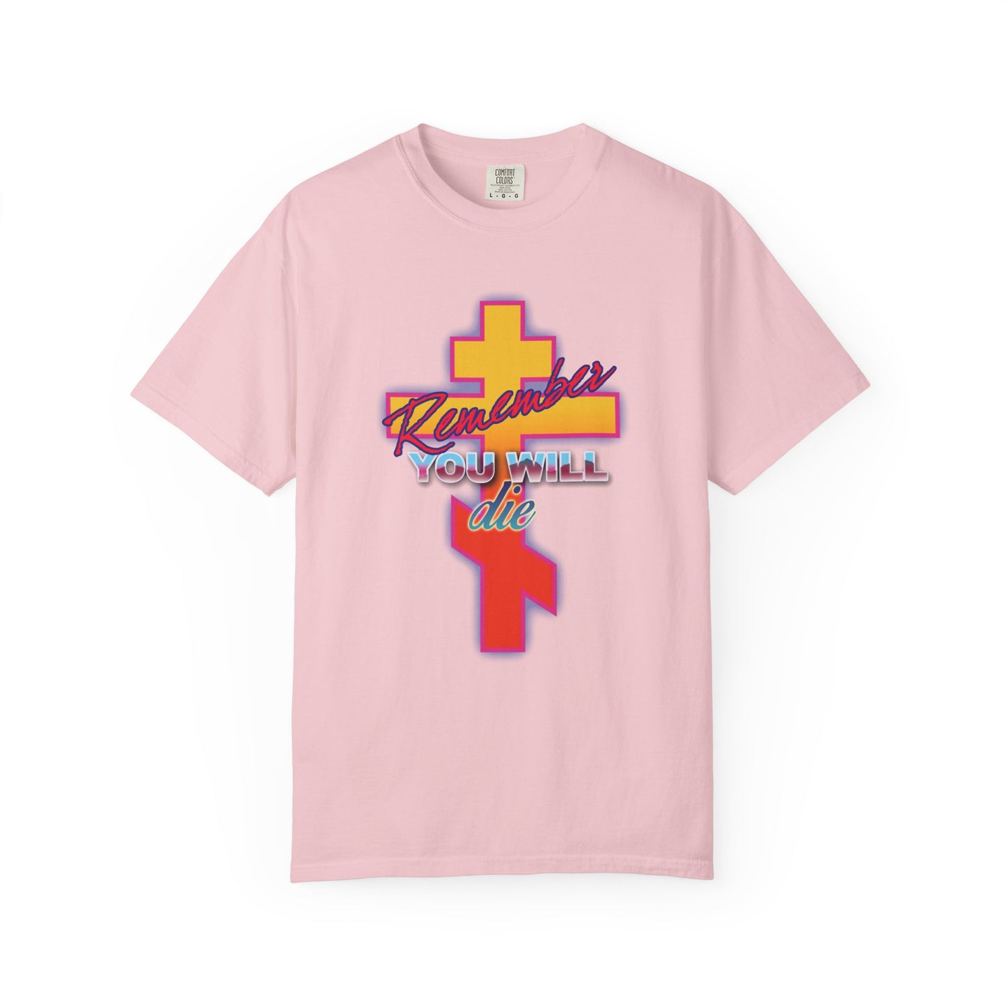 Remember You Will Die 80s Design | Glowing Synthwave Retro Orthodox Cross | Precious Life-Giving Cross | Heavyweight Cotton Unisex T-Shirt