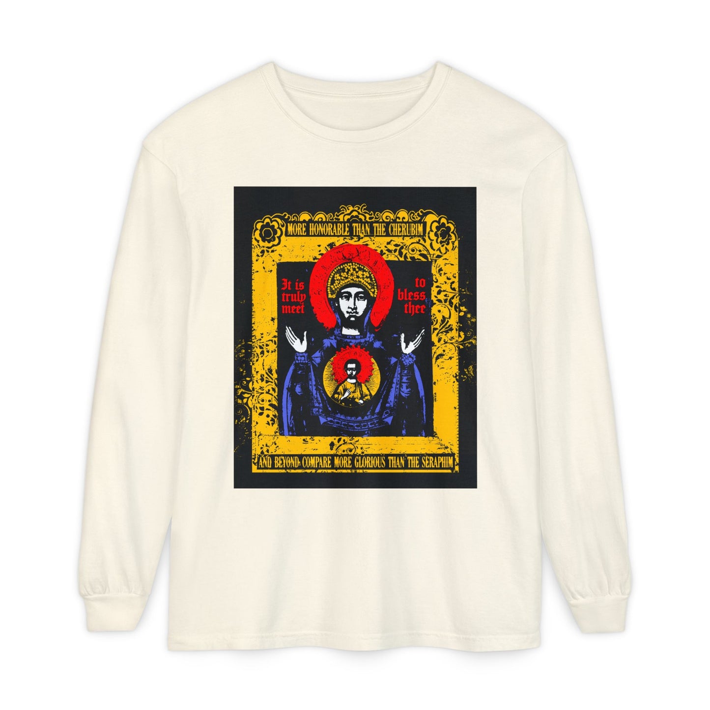 It is Truly Meet To Bless Thee Iconographic | Axion Estin Hymn to the Mother of God Theotokos | Orthodox Christian Long Sleeve Shirt