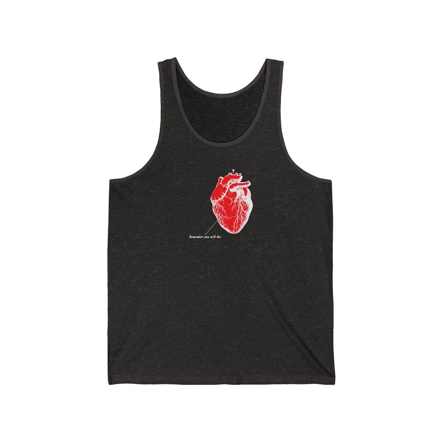 Unisex charcoal black triblend tank top made from soft Airlume cotton, featuring a bold anatomical heart design with subtle text, titled Remember You Will Die | Retro Medical Textbook Heart Design | Inverted Shadows | Orthodox Christian Tank Top.