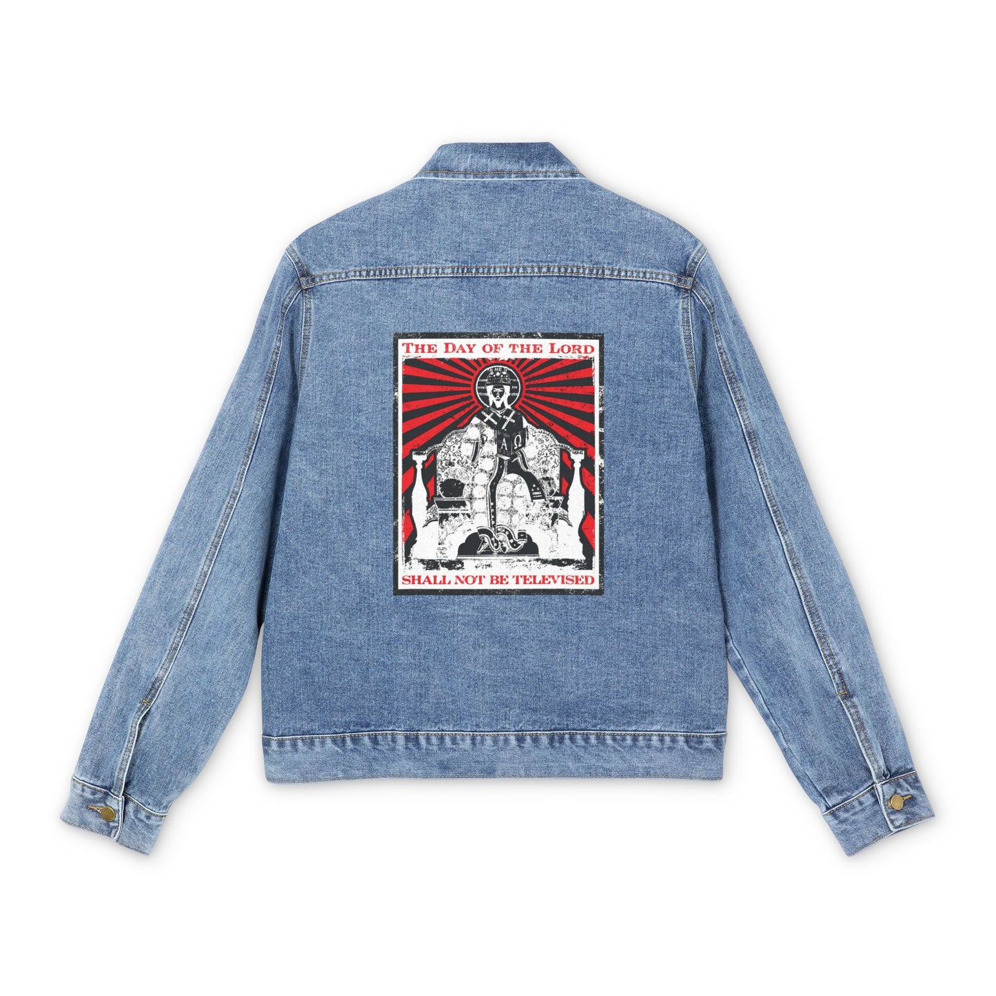 The Day of the Lord Shall Not Be Televised | Jesus Christ Iconographic | Second Coming | Revelation | Orthodox Christian Blue Denim Jacket