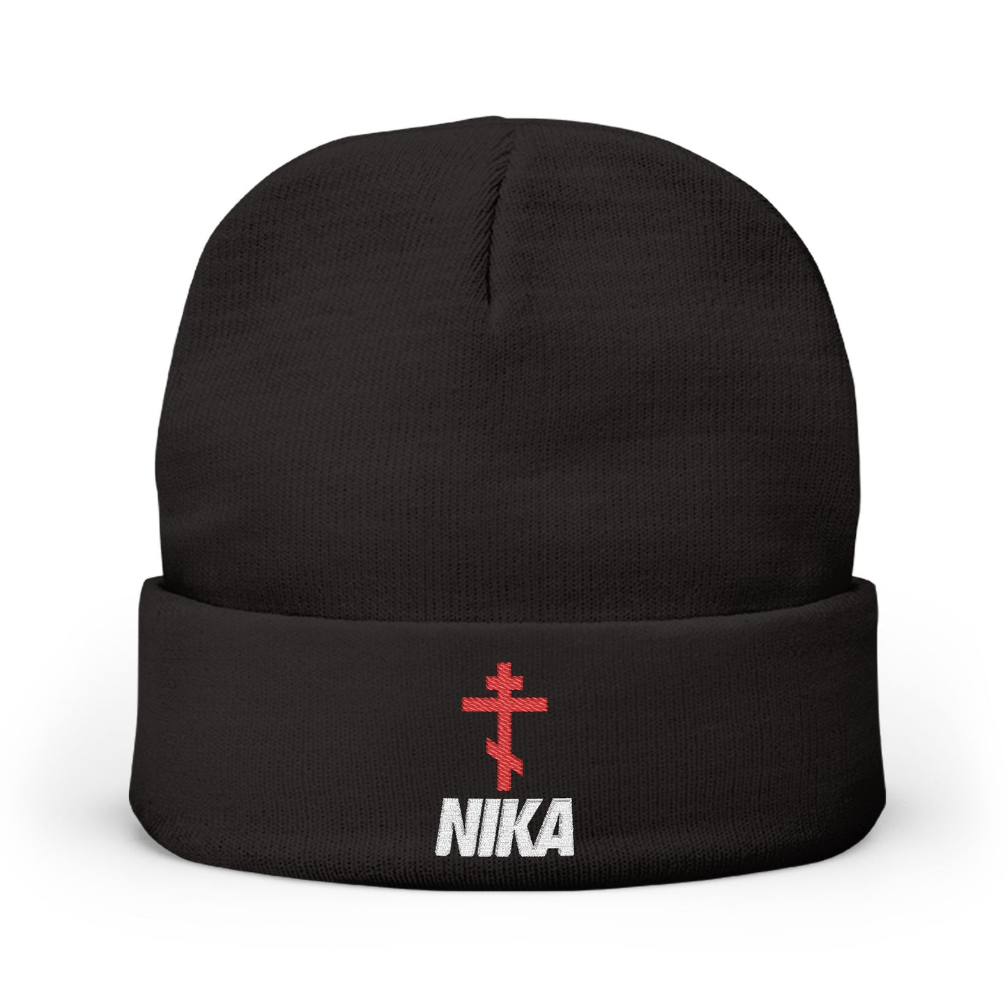 NIKA Red Embroidered Orthodox Cross | NIKE Logo Mashup | Athletic Aesthetic | Orthodox Christian Embroidered Knit Beanie