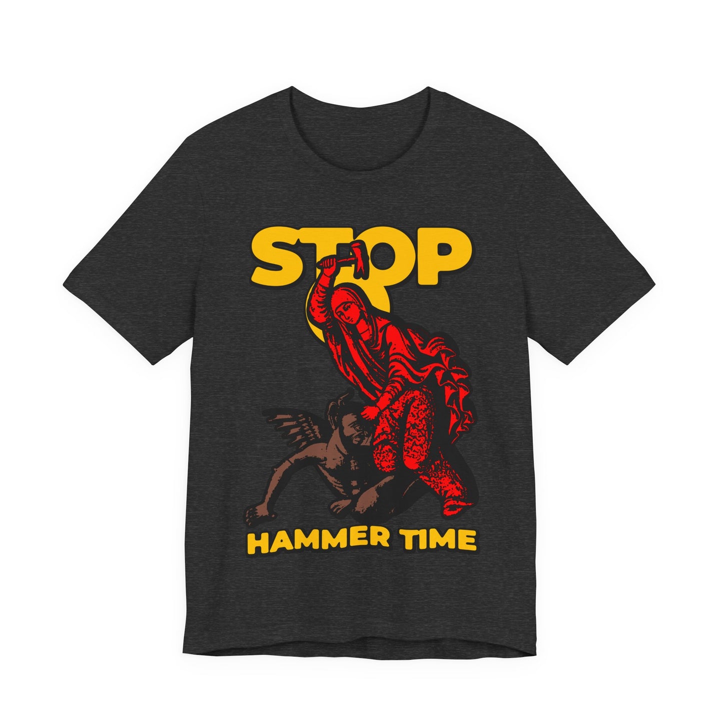 Black unisex tee featuring St Marina of Antioch beating the devil with a hammer, "Stop, Hammer Time" text, and vivid red, blue, and yellow details. Modern Orthodox meme style inspired by Christian saints’ boldness.