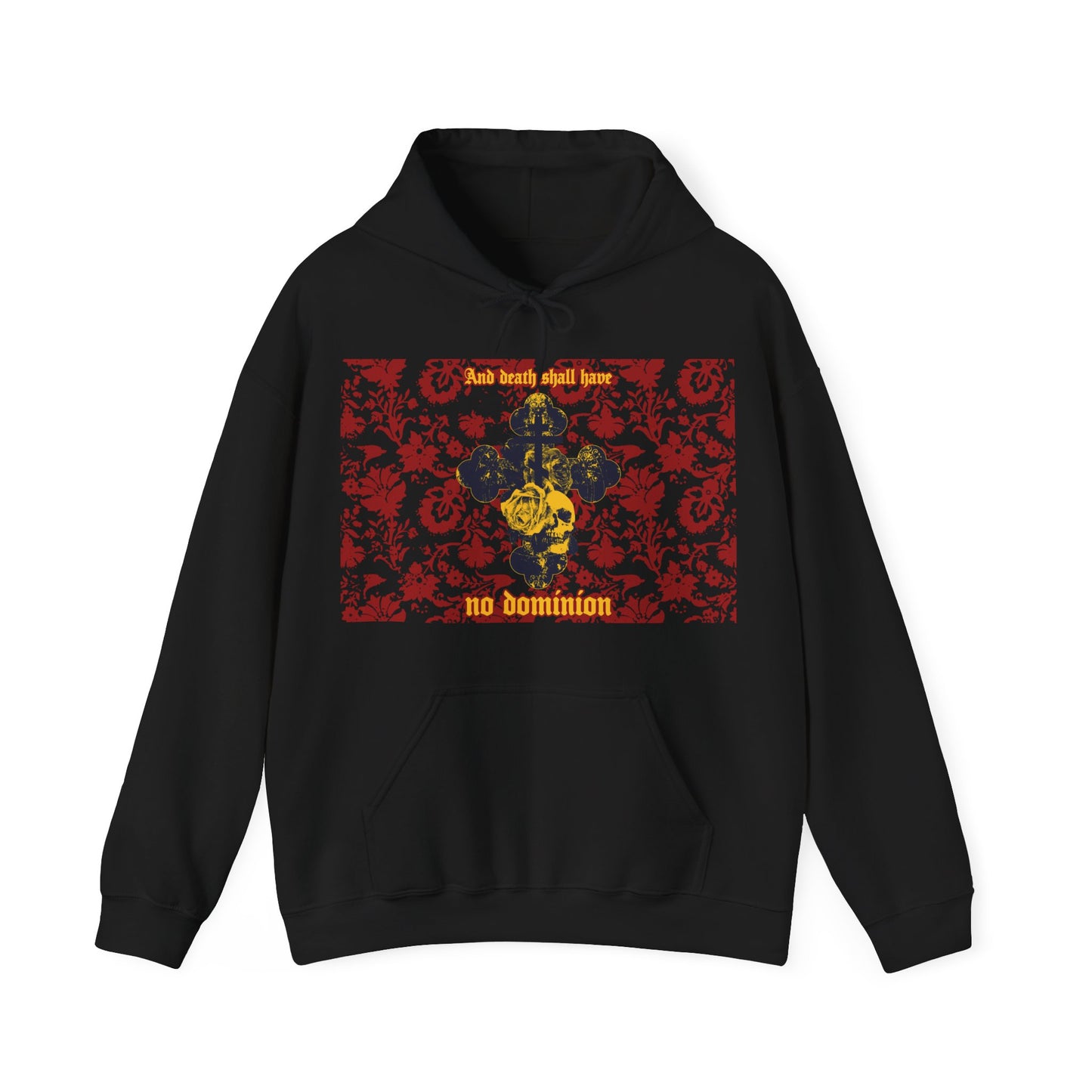 And Death Shall Have No Dominion (Dylan Thomas) | Resurrection | Gothic Style Cross, Skull and Rose on Floral Background | Orthodox Christian Hoodie-Black-S-Remembrance of Death