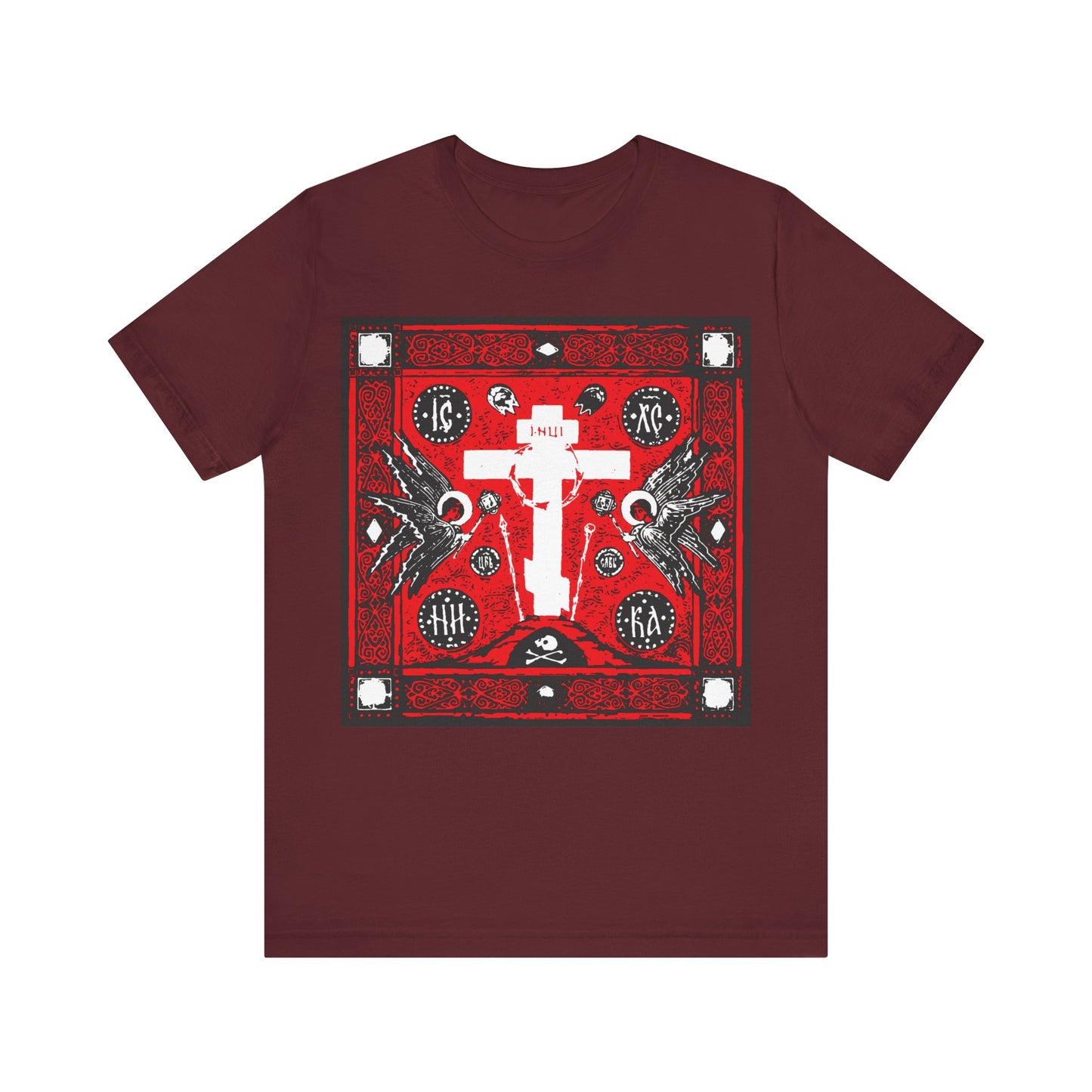 Adoration of Holy Cross IconoGraphic | Striking Red, White, & Black Russian Cross Design w/ Angels | Orthodox Christian T-Shirt