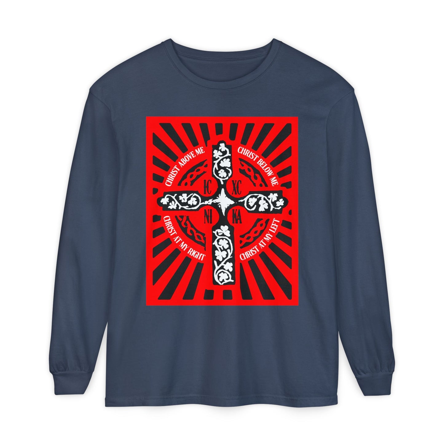 Red ICXC NIKA Enniskillen Celtic Cross | Lorica of St. Patrick | Shield Prayer | Orthodox Christian Long Sleeve Shirt