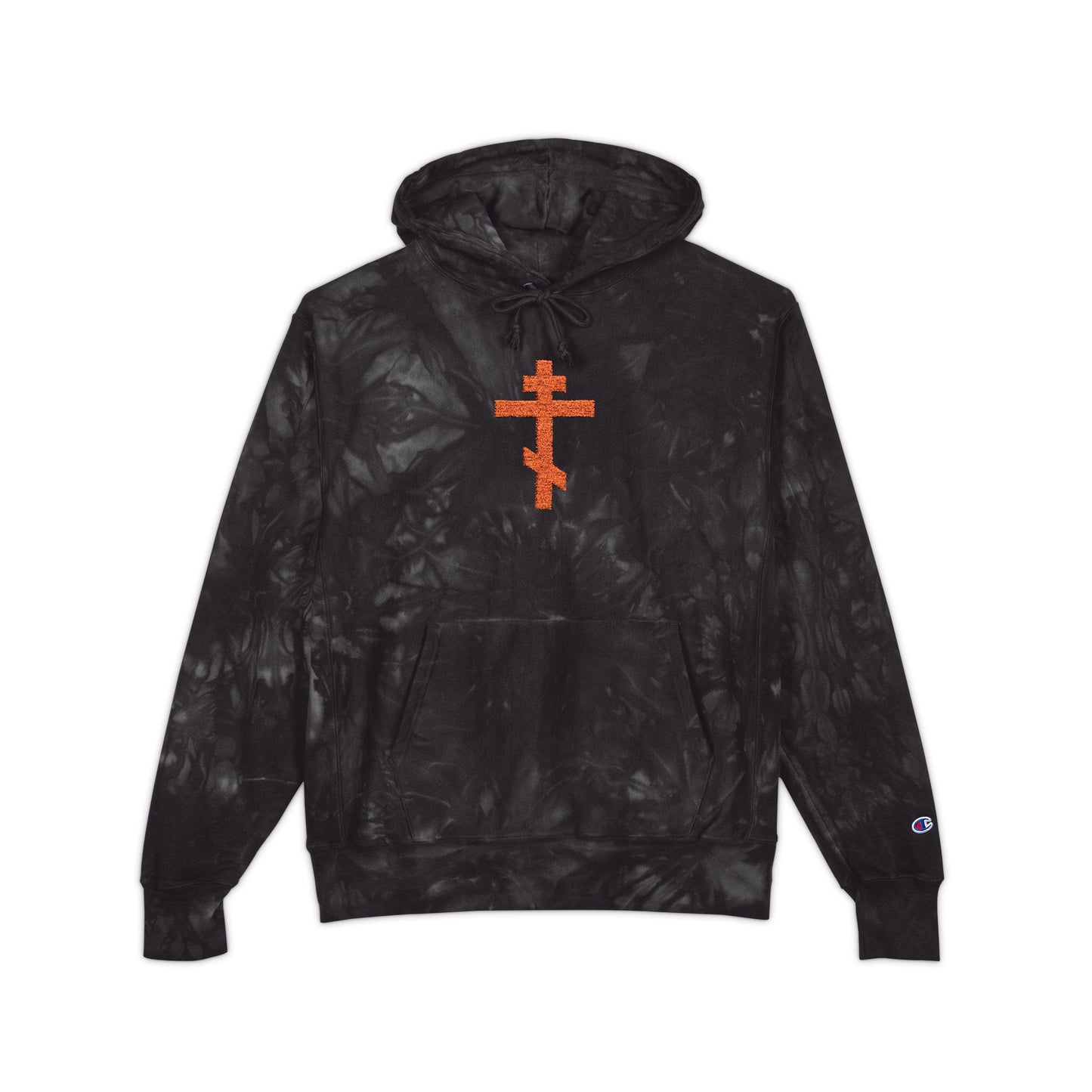 Black tie-dye hoodie with a red Orthodox cross embroidery inspired by Unseen Warfare and St. John of Kronstadt, featuring a Champion logo on the sleeve. Premium athletic ascetic Christian streetwear.
