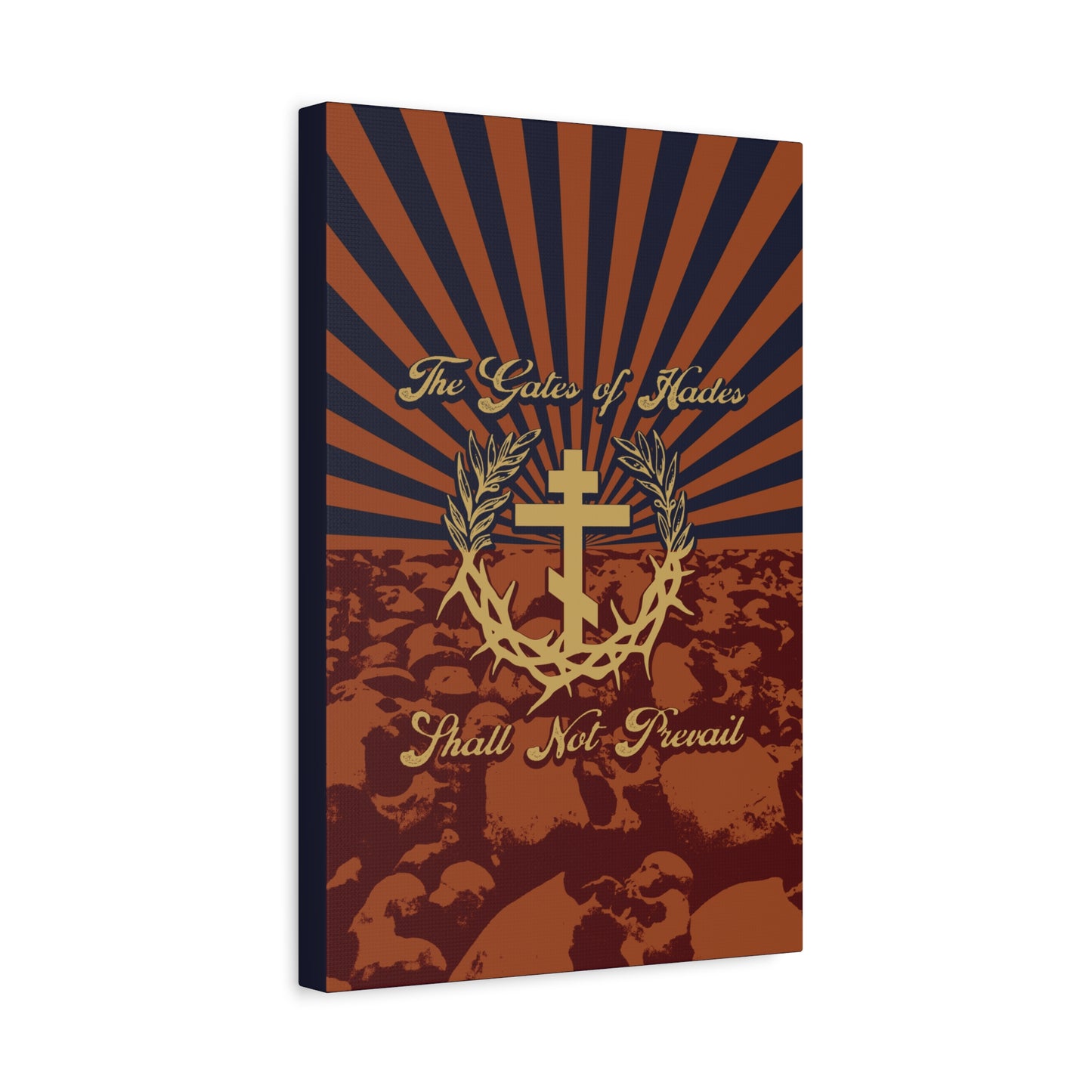 The Gates of Hades Shall Not Prevail | Cross with Wreath & Crown of Thorns | Skulls and Rays | Orthodox Christian Canvas Art