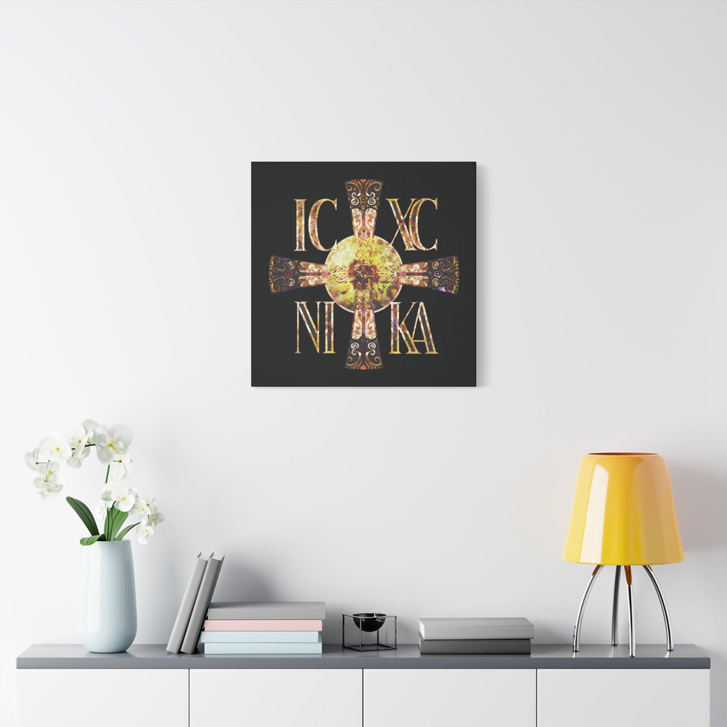 ICXC NIKA Celtic Style Equal Armed Cross | Bright Solar Texture | Orthodox Christian Canvas Art