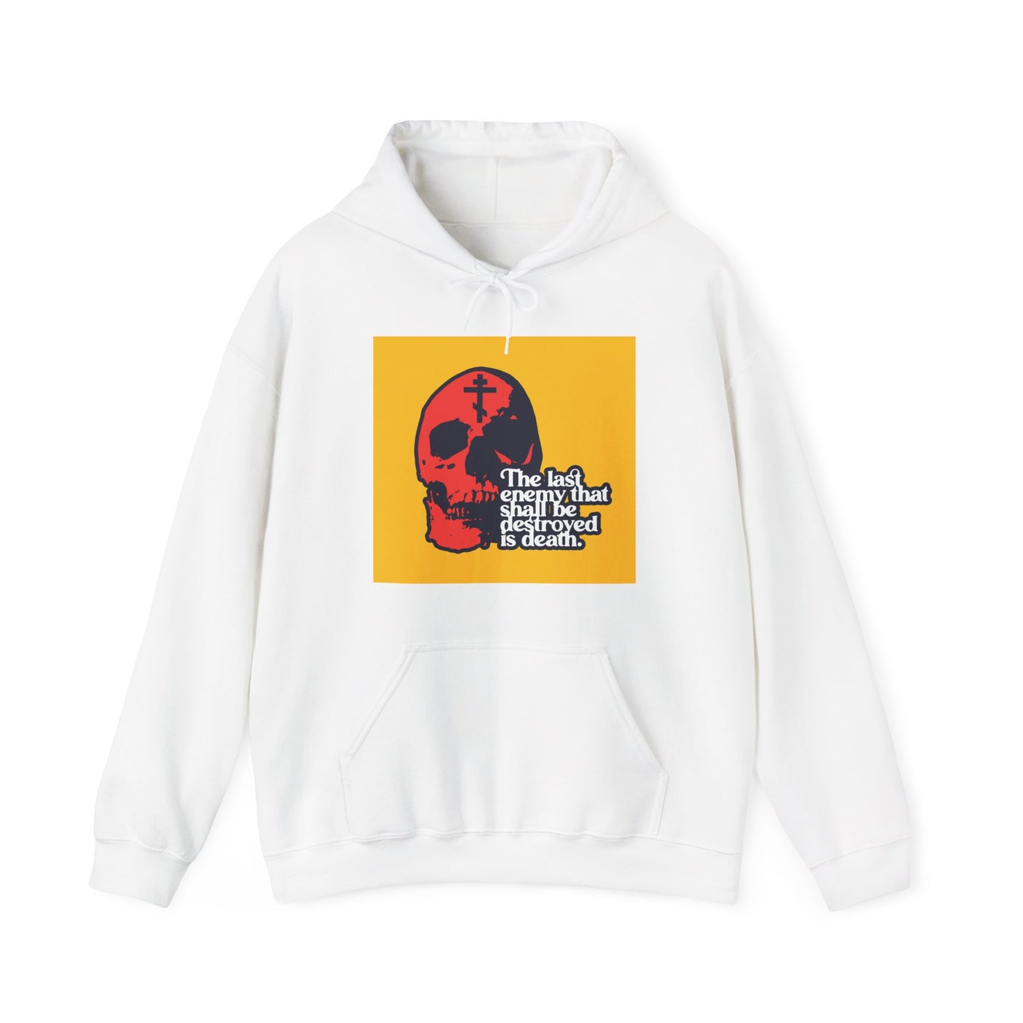 The Last Enemy That Shall Be Destroyed  (1 Corinthians 15:26) | Red Skull on Yellow Background | 70s Typography | Orthodox Christian Hoodie