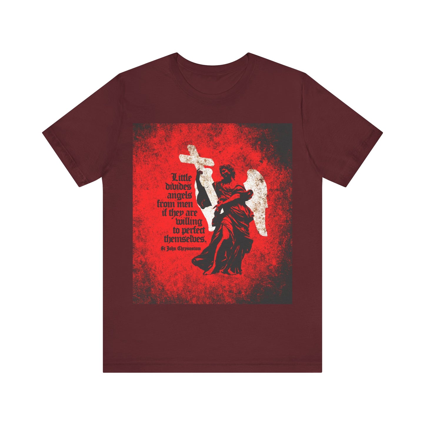 Maroon "Little Divides Angels from Men" t-shirt featuring St John Chrysostom’s quote on Christian perfection with a textured cemetery angel graphic; Orthodox Christian apparel.