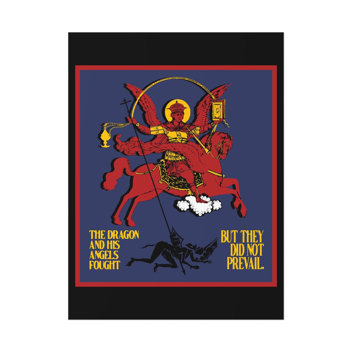 Archangel Michael of the Apocalypse IconoGraphic (Revelation 12:7-8) | Red Angel and Horse on Blue Background | Orthodox Christian Art Poster