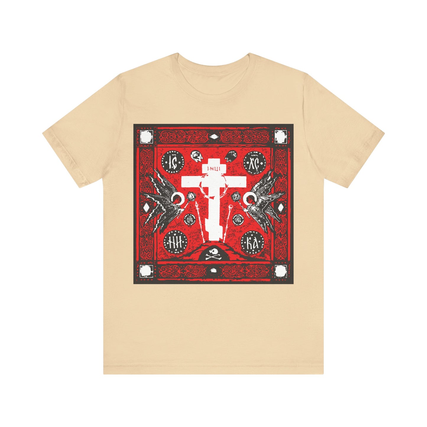 Adoration of Holy Cross IconoGraphic | Striking Red, White, & Black Russian Cross Design w/ Angels | Orthodox Christian T-Shirt