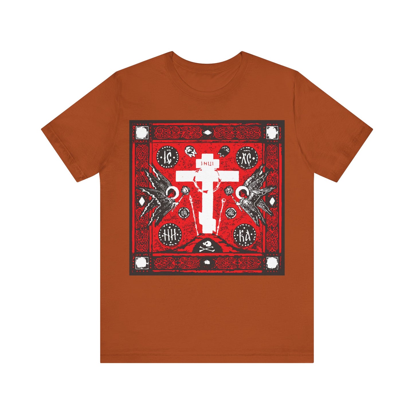Adoration of Holy Cross IconoGraphic | Striking Red, White, & Black Russian Cross Design w/ Angels | Orthodox Christian T-Shirt