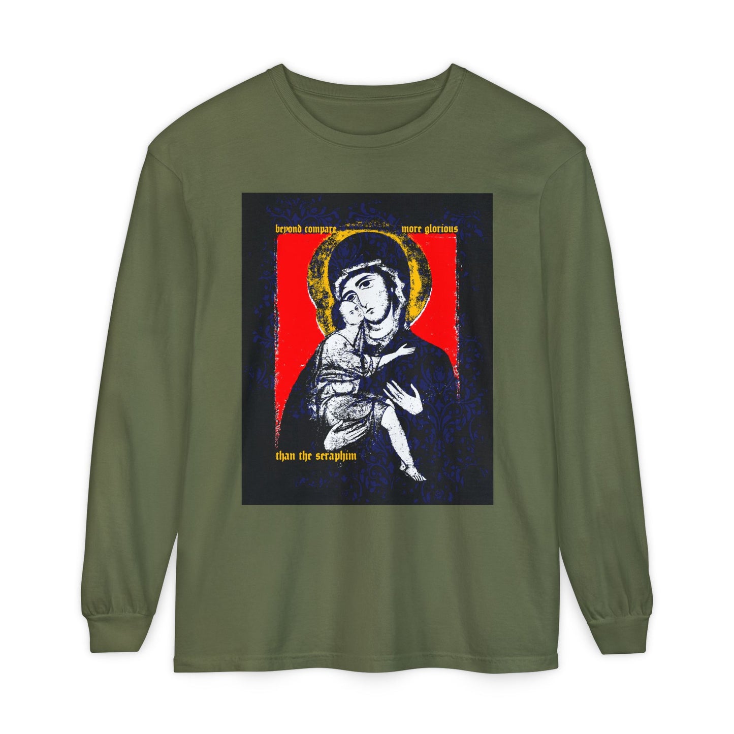 Beyond Compare More Glorious Than the Seraphim | Vladimir Theotokos Iconographic | Orthodox Christian Long Sleeve Shirt