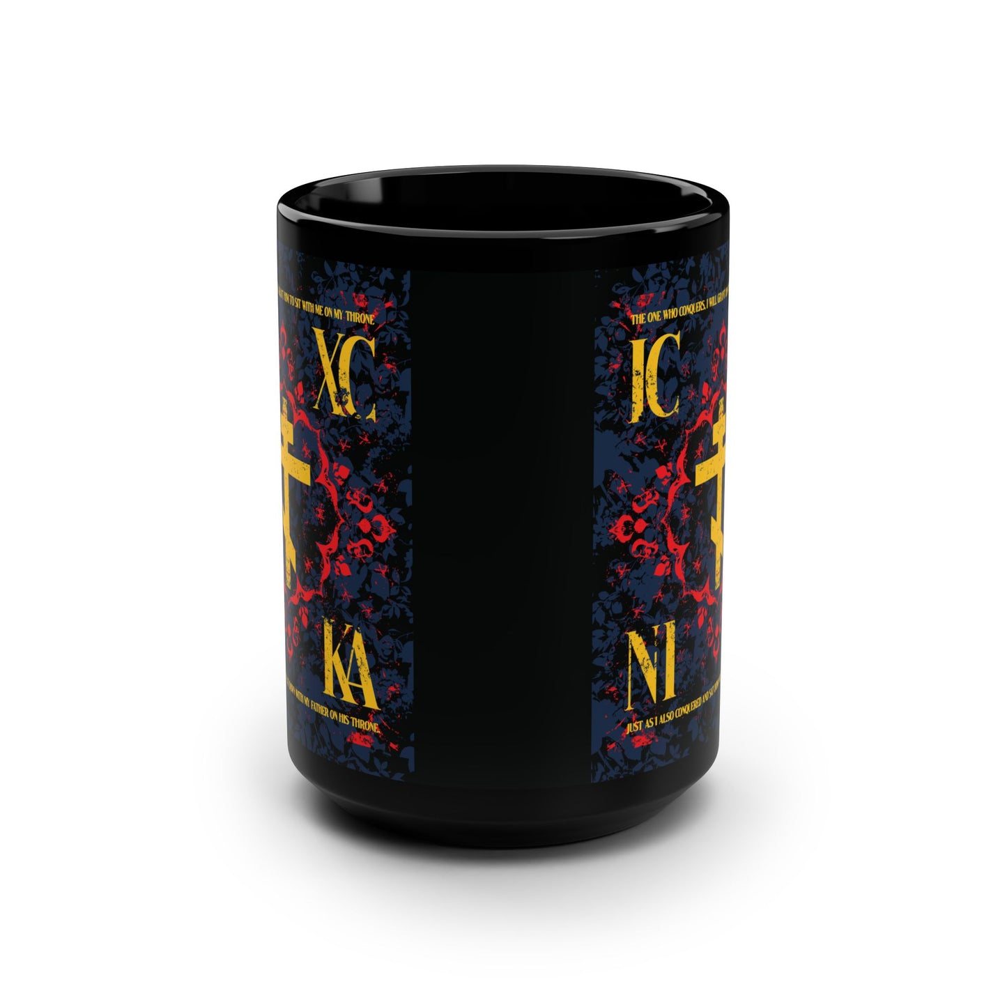 IC XC NIKA Orthodox Cross | Medieval Floral Design | The One Who Conquers (Revelation 3:21) | Orthodox Christian Black Mug