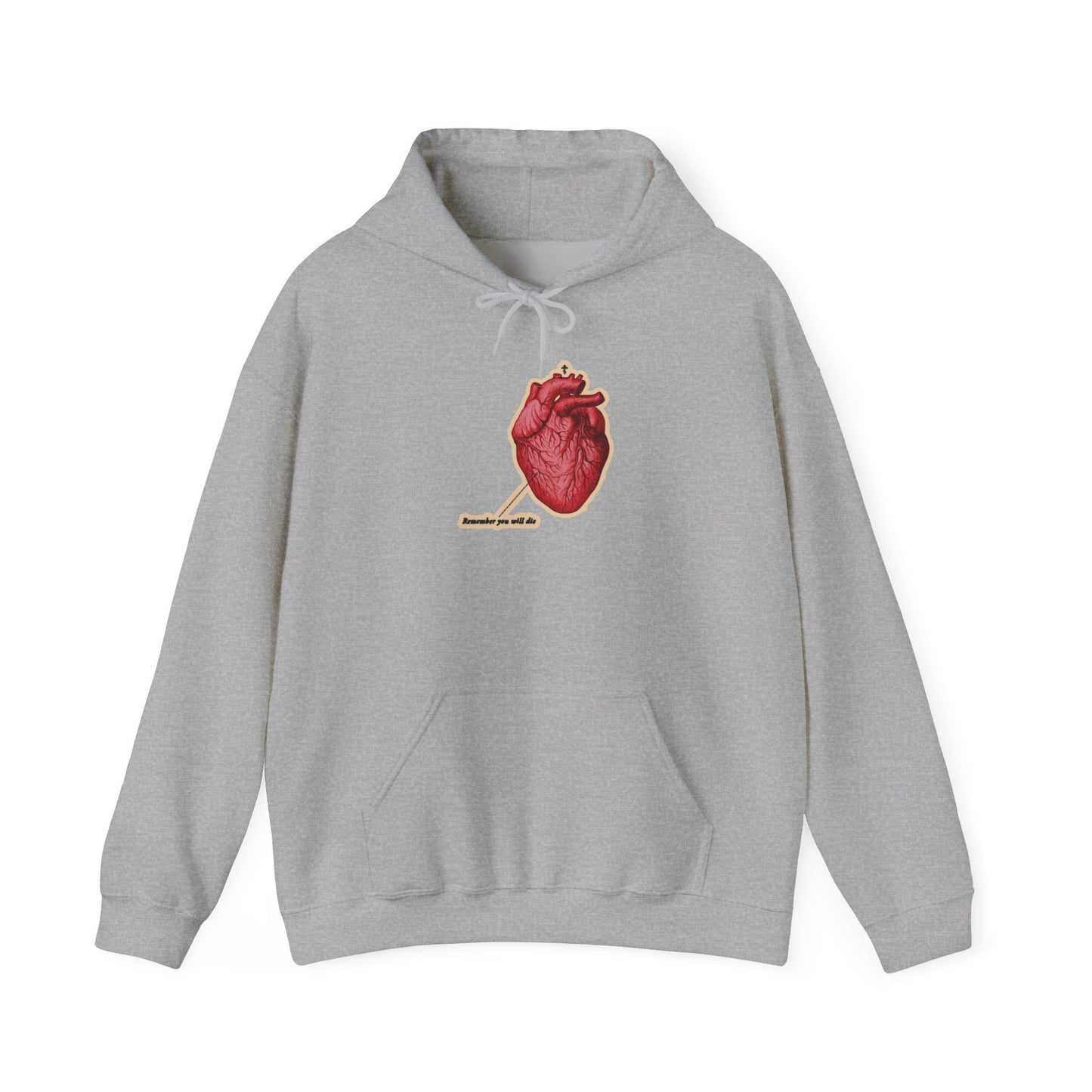 Sport Grey hoodie with retro medical textbook heart graphic, Orthodox cross, and “Remember You Will Die” memento mori design. Inspired by Christian themes: It’s Later Than You Think.