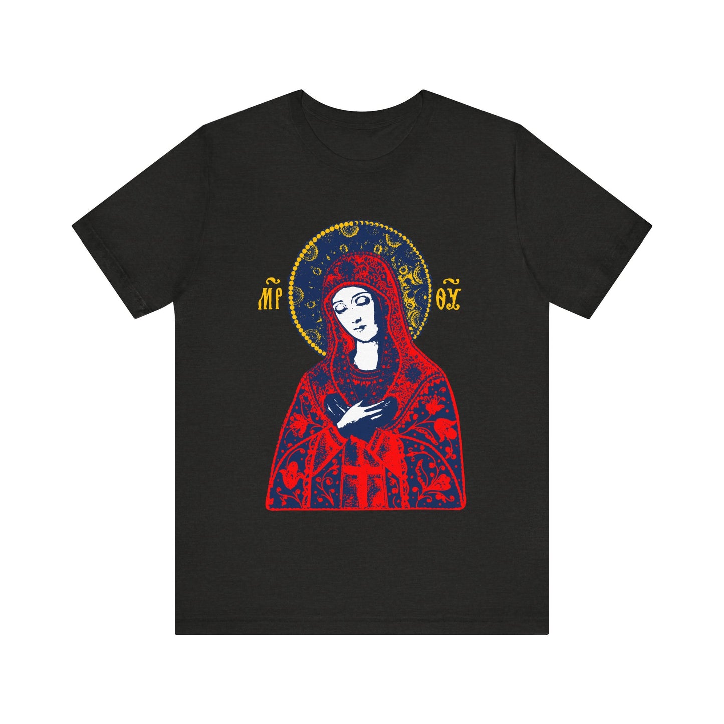 Black Heather t-shirt with "Joy of All Joys Tenderness Theotokos" icon in bright red, based on traditional Orthodox iconography, featuring a golden halo and Greek letters.