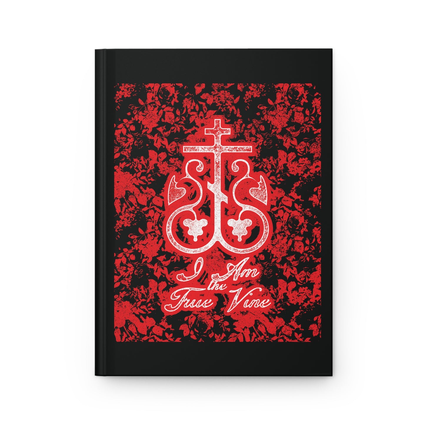 I Am the True Vine (John 15:1) | Orthodox Cross Vine Monogram | Red and Black Floral Design | Orthodox Christian Hardcover Journal