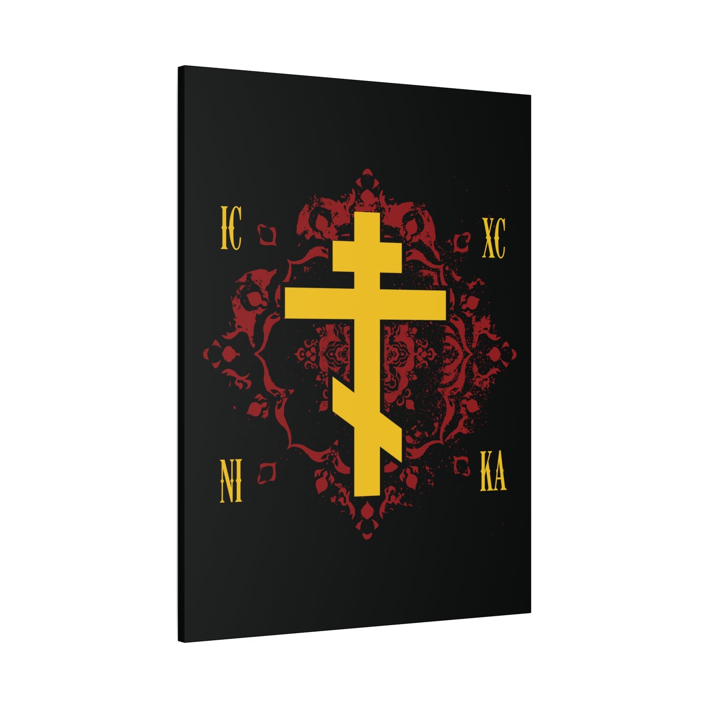 The ICXC NIKA Yellow Russian Cross, symbolizing "Jesus Christ Conquers," stands against an ornate red background in this Orthodox Christian canvas art.