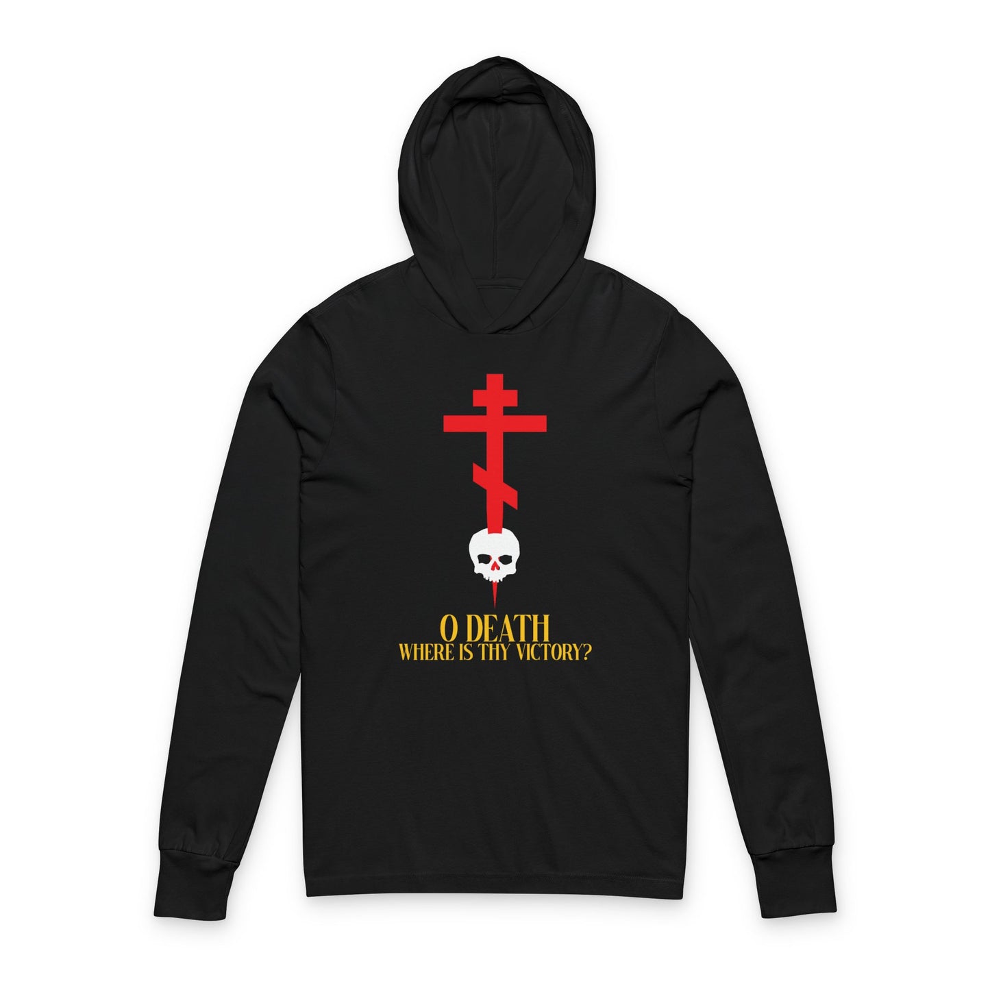 O Death Where is Thy Victory? (1 Corinthians 15:55) | Cross Stabbing Skull | Yellow Text | Orthodox Christian Long Sleeve Hooded Shirt