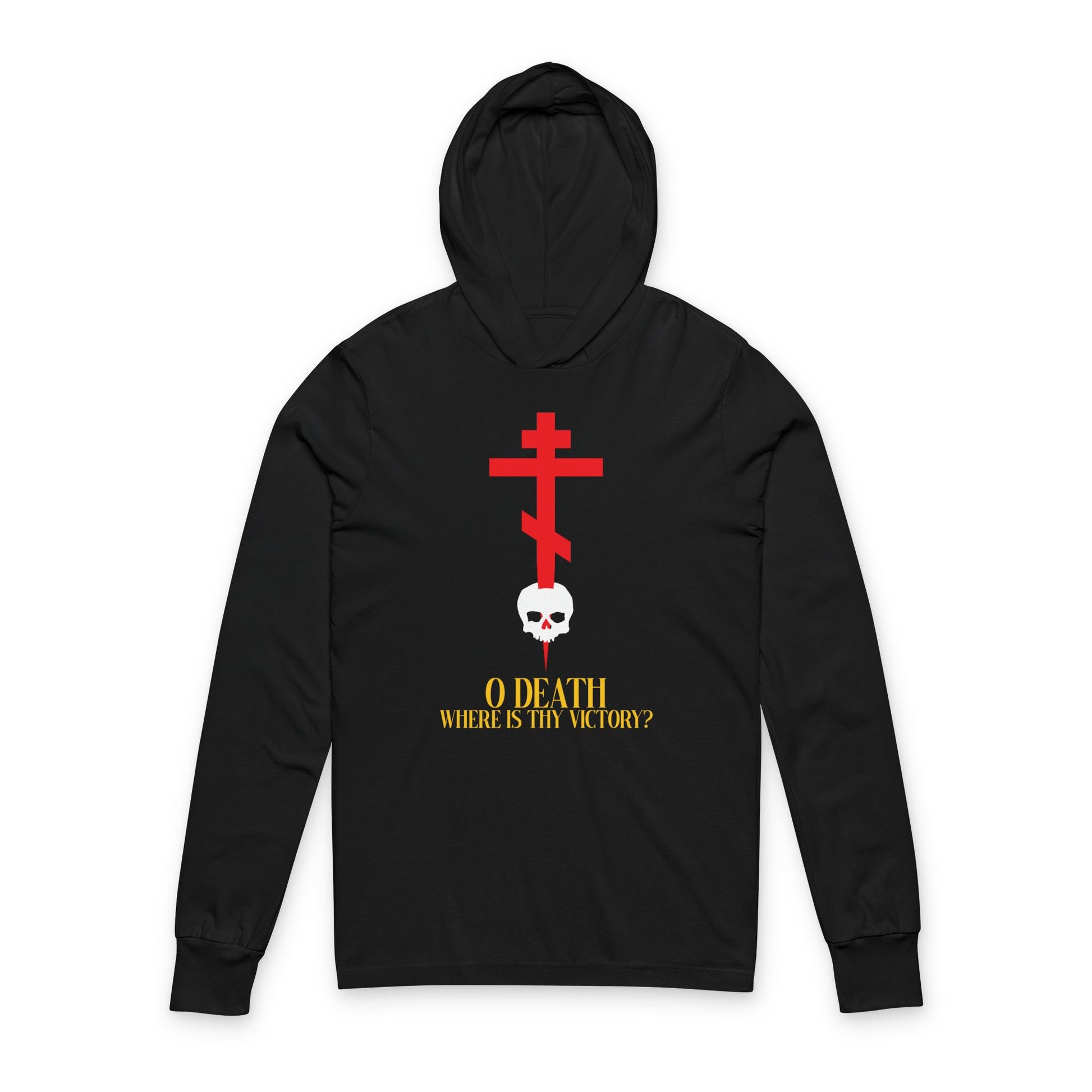 Black long sleeve hooded shirt with a yellow “O Death Where is Thy Victory?” (1 Cor. 15:55) inscription, featuring an Orthodox cross stabbing a skull. Inspired by the Resurrection.