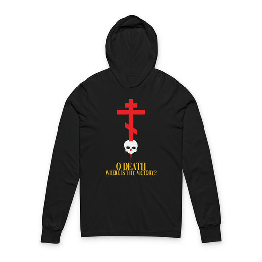Black long sleeve hooded shirt with a yellow “O Death Where is Thy Victory?” (1 Cor. 15:55) inscription, featuring an Orthodox cross stabbing a skull. Inspired by the Resurrection.