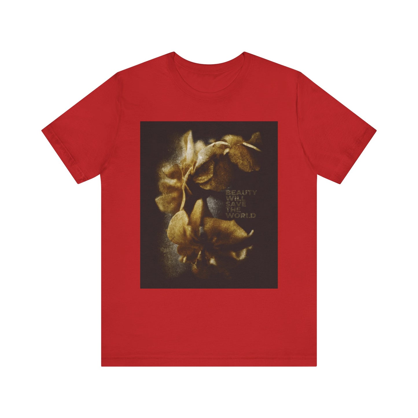 Red unisex cotton tee with a photographic artwork glorifying Jesus Christ and "Beauty Will Save the World" text, inspired by Dostoevsky.