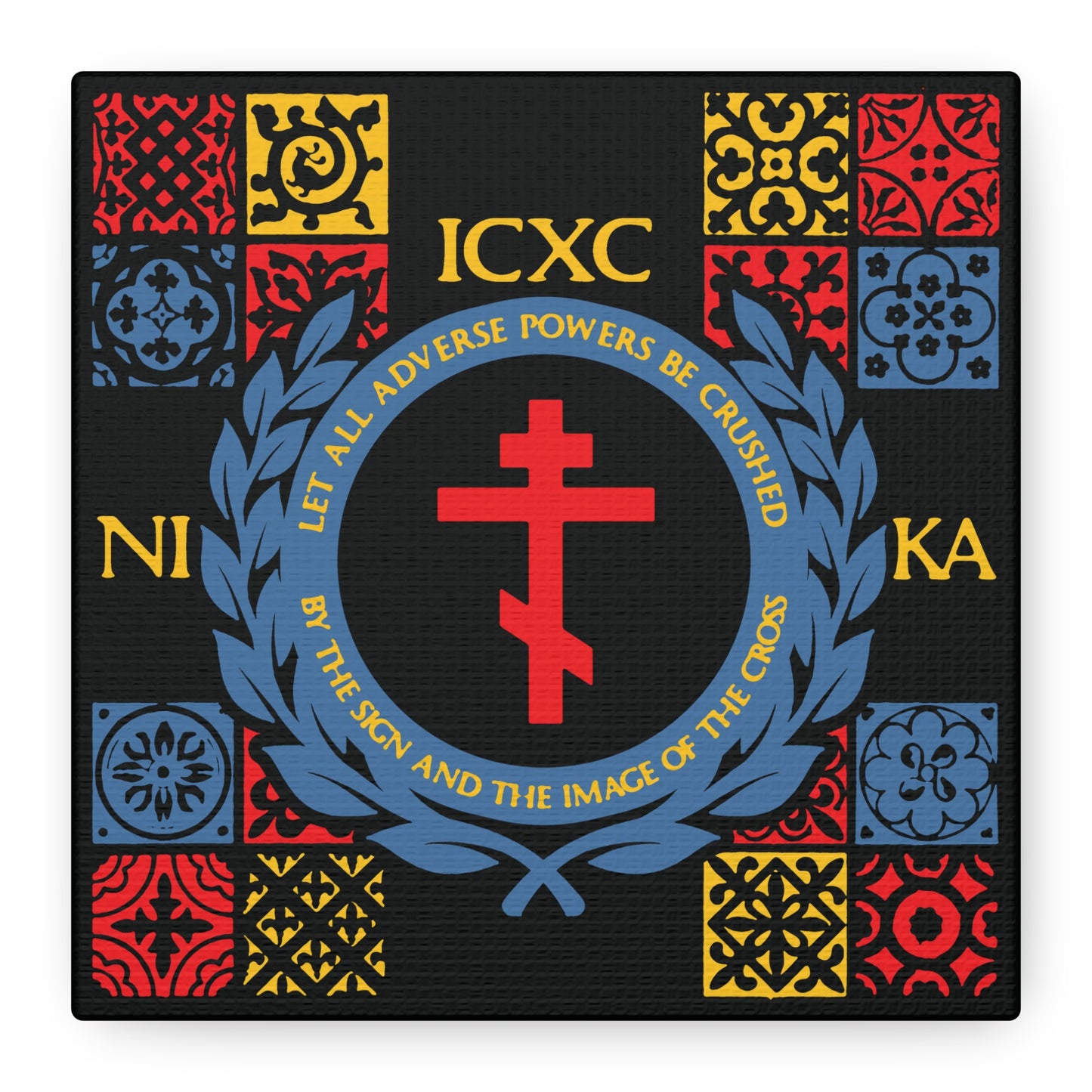 Let All Adverse Powers Be Crushed (Red, Yellow & Blue Design) | ICXC NIKA | Medieval Tile Design | Orthodox Christian Canvas Art