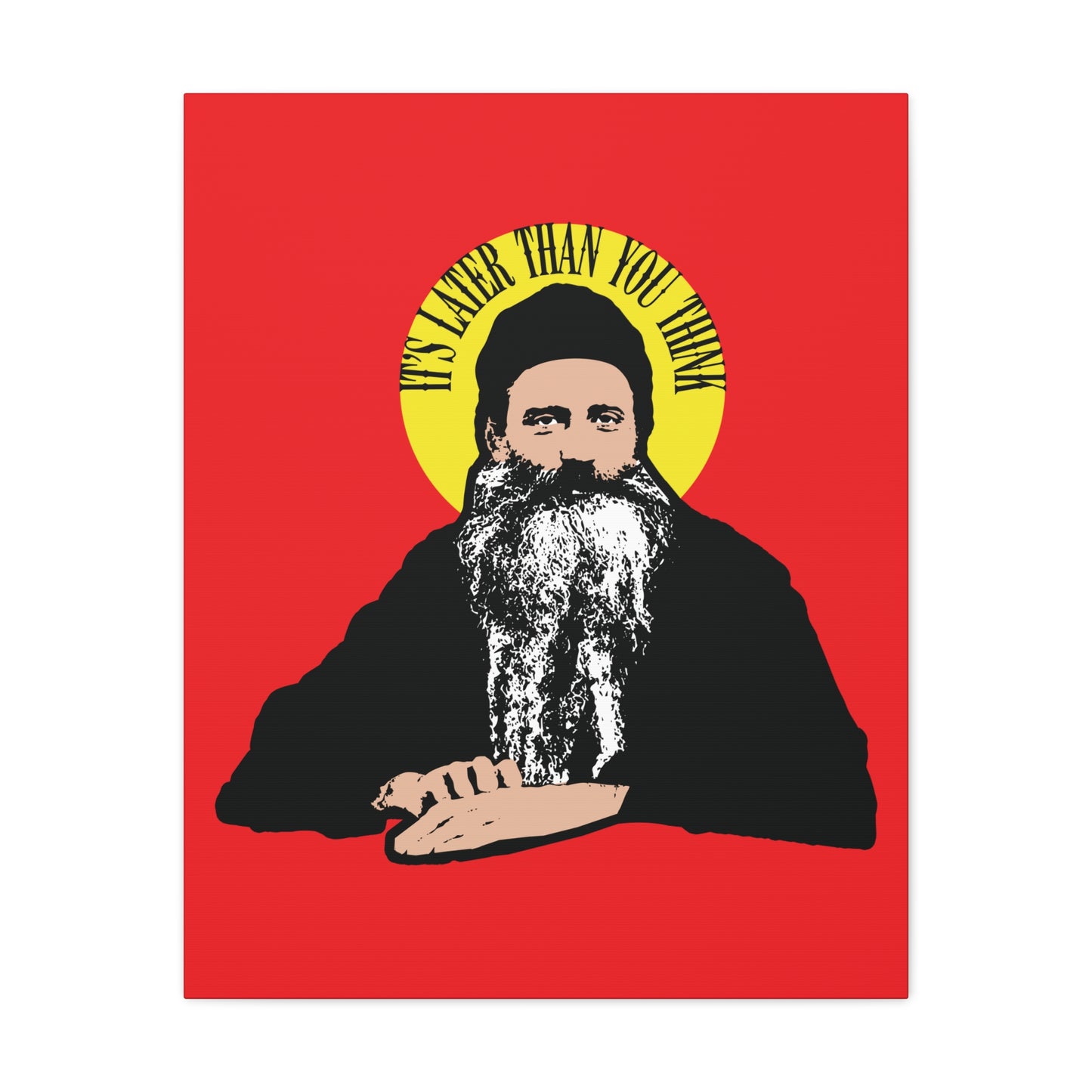 Modern Orthodox Christian wall art: “It’s Later Than You Think” quote from Fr Seraphim Rose in a yellow halo, featuring a bearded man in black on a red background. Inspired by reflections on life and eternity.