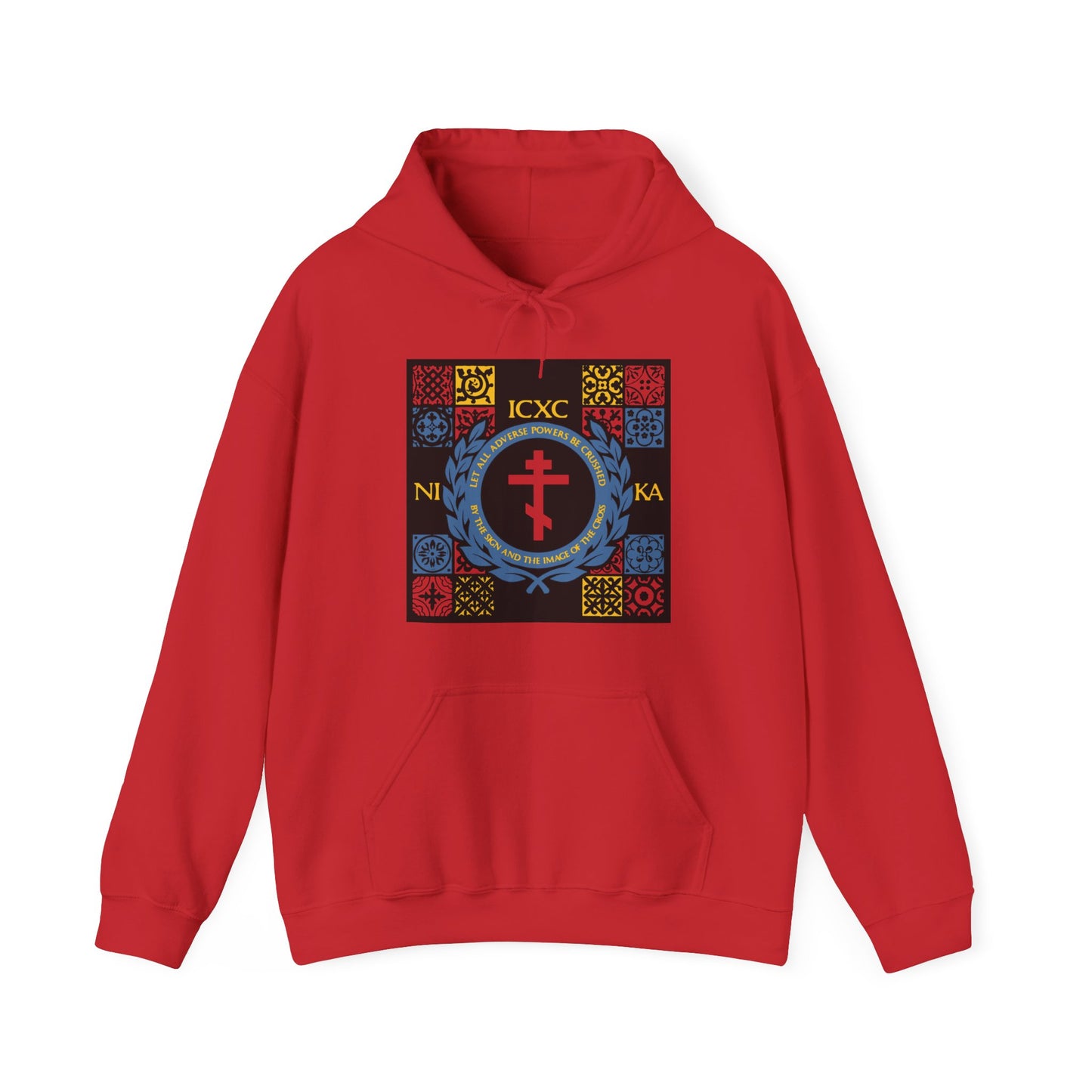 Let All Adverse Powers Be Crushed (Red, Yellow & Blue Design) | ICXC NIKA | Medieval Tile Design | Orthodox Christian Hoodie