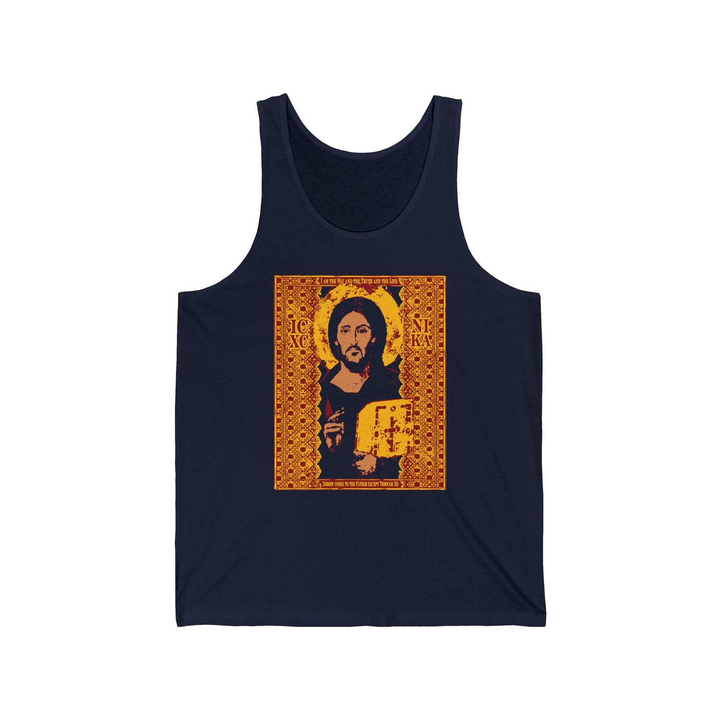 Navy Jesus Christ Sinai Pantocrator IconoGraphic tank top with yellow, red, and blue Orthodox Christian design featuring "ICXC NIKA" and "I am the Way John 14:6"—a bold statement of faith.