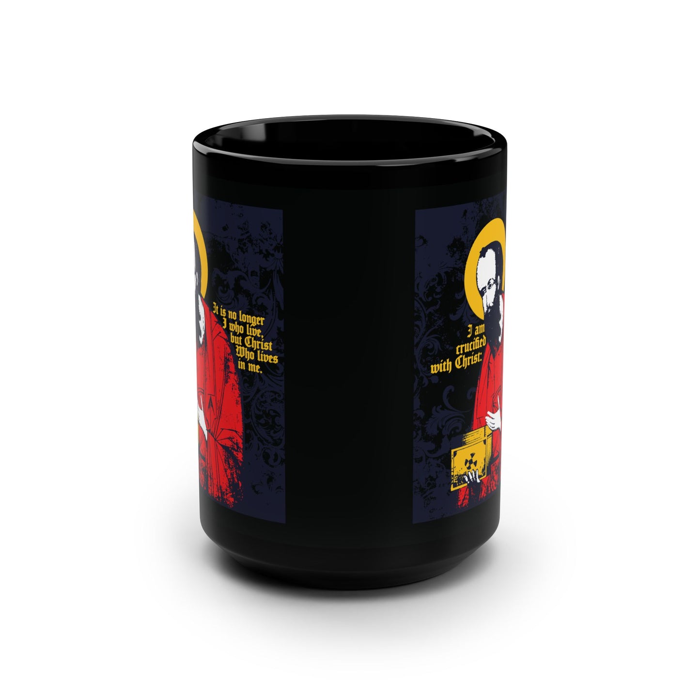 St Paul Holding Gospel Iconographic | I am crucified with Christ (Galatians 2:20) | Orthodox Christian Black Mug