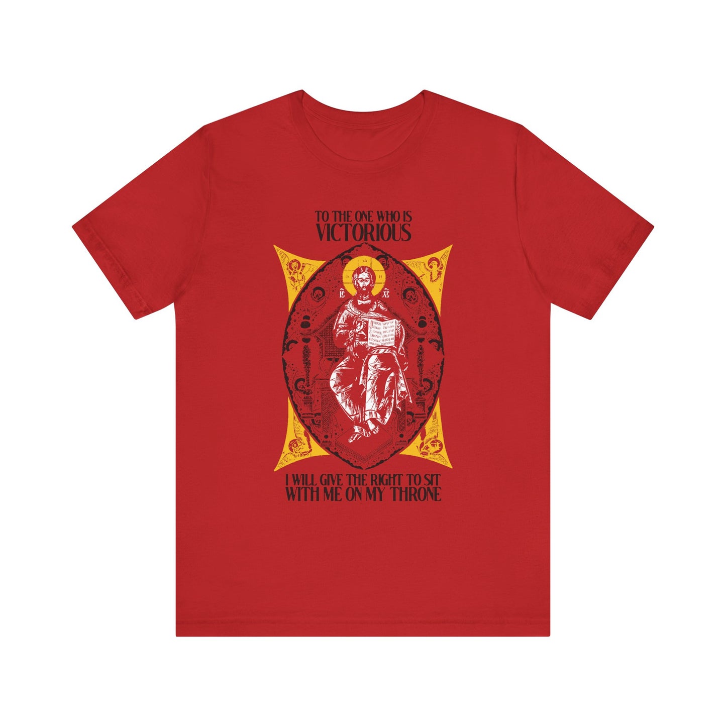 Red "Christ is King, Enthroned In Glory" tee features an Orthodox Christian icon and the Rev 3:21 message: “To the One Who Is Victorious”—a reminder of our heavenly calling. Lightweight cotton, unisex fit.