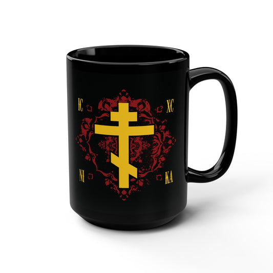 Black mug featuring a yellow ICXC NIKA Russian Cross on an ornate red background, inspired by Jesus Christ Conquers and Orthodox tradition.