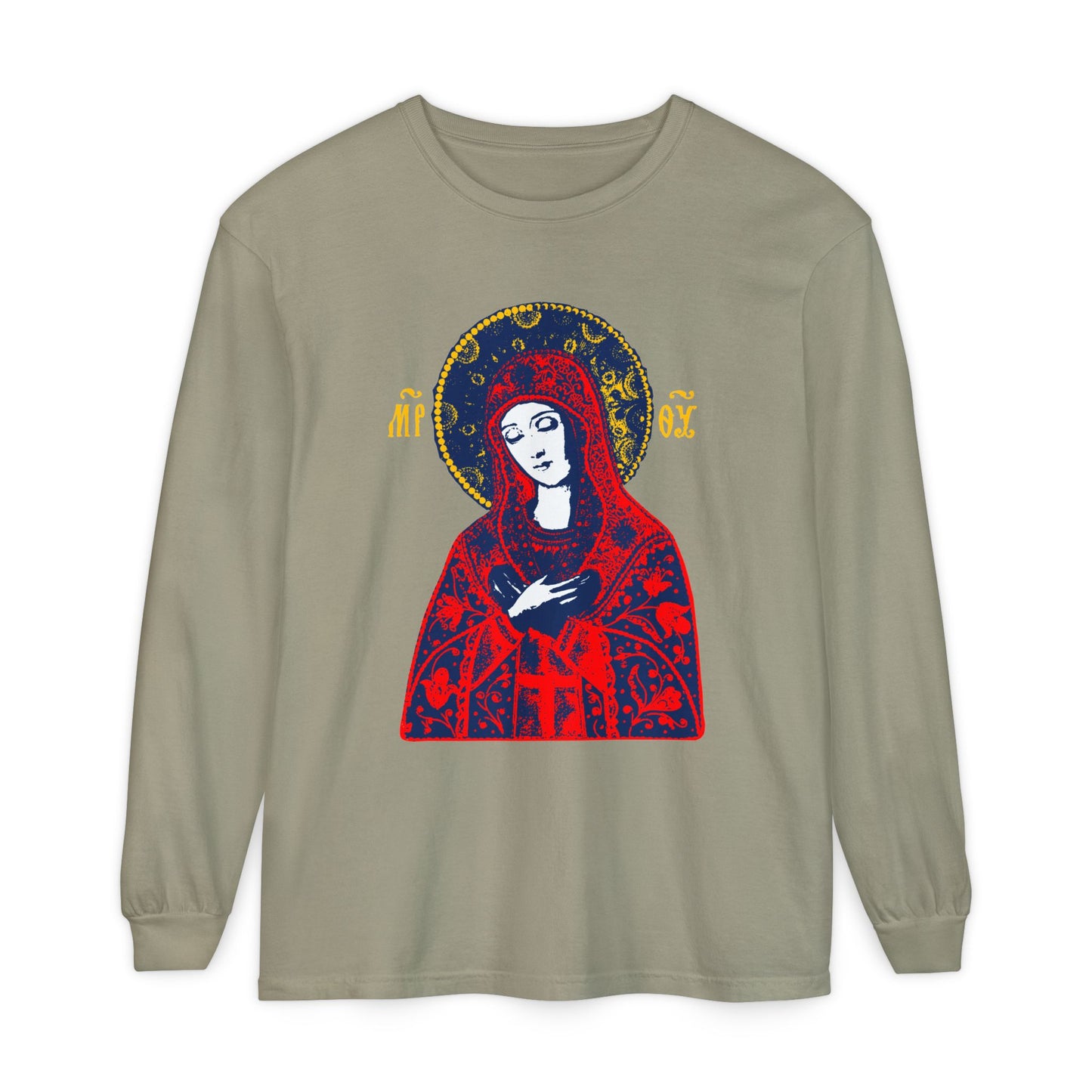 Joy of All Joys Tenderness Theotokos Iconographic Based on Traditional Orthodox Iconography | Red Design | Orthodox Christian Long Sleeve Shirt