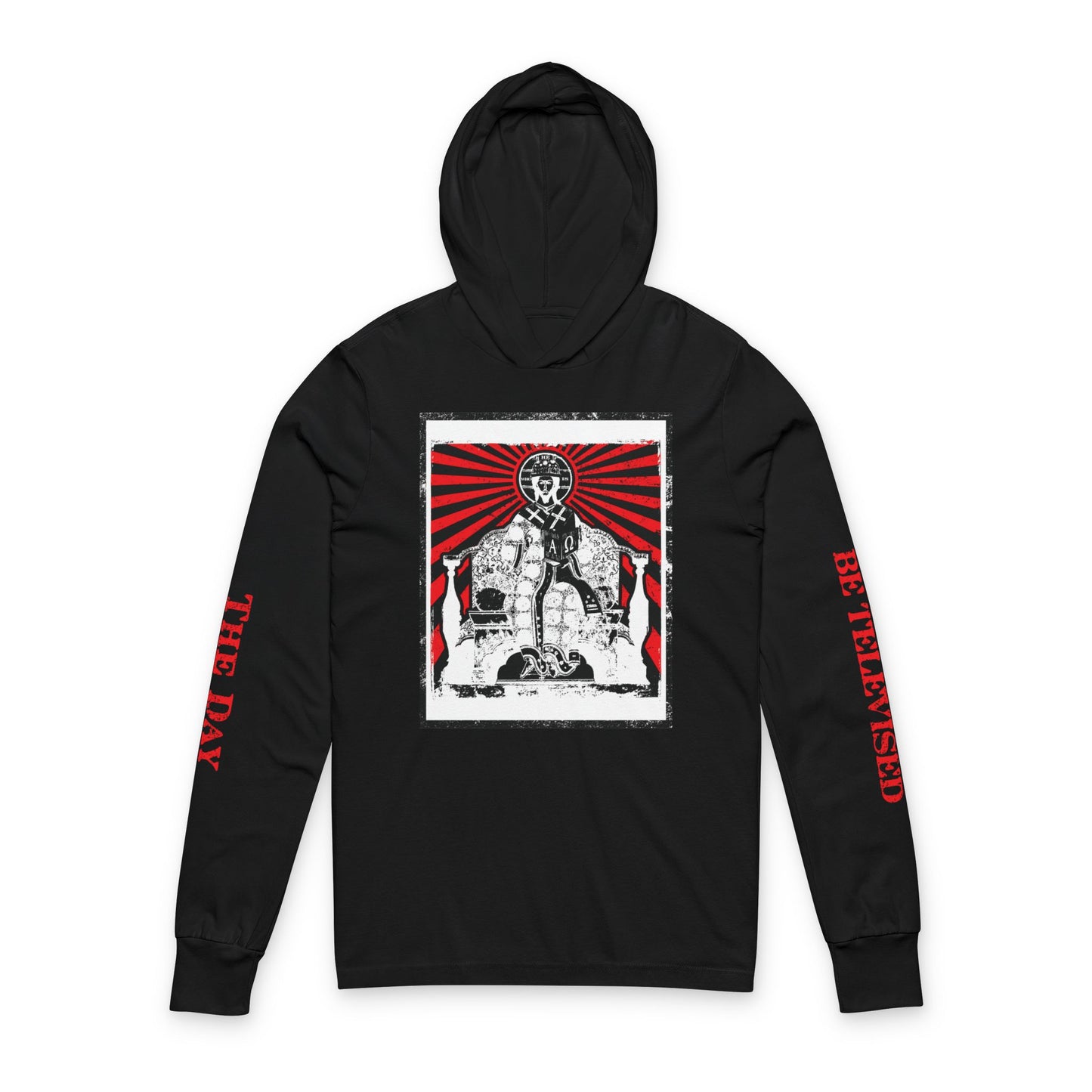 The Day of the Lord Shall Not Be Televised | Jesus Christ Iconographic with Sleeve Text | Revelation | Orthodox Long Sleeve Hooded Shirt