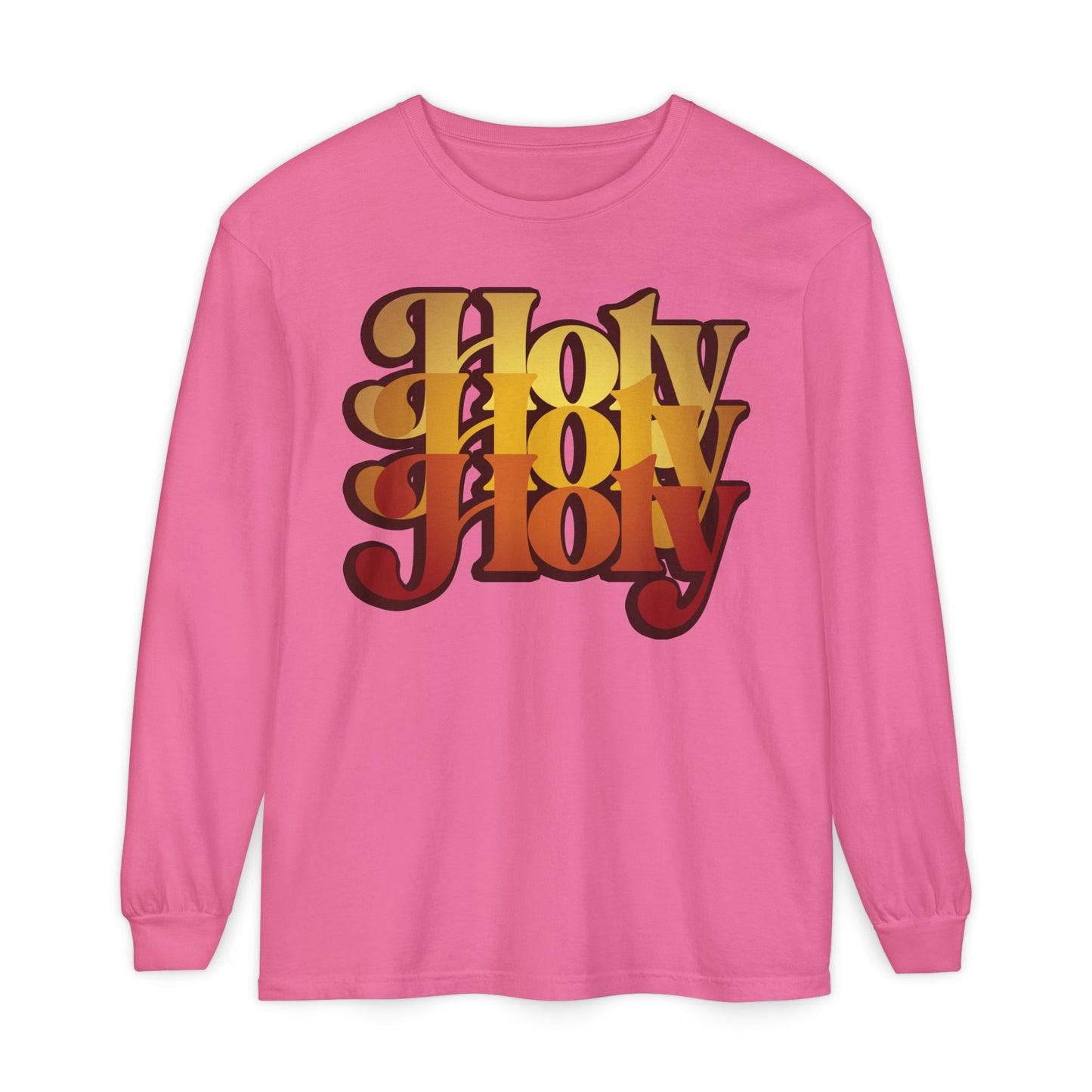 A crunchberry long-sleeve cotton shirt featuring “Holy Holy Holy” in bold, yellow and brown retro 70s style, inspired by Isaiah 6. Orthodox Trisagion prayer design with Cherubim & Seraphim motif.