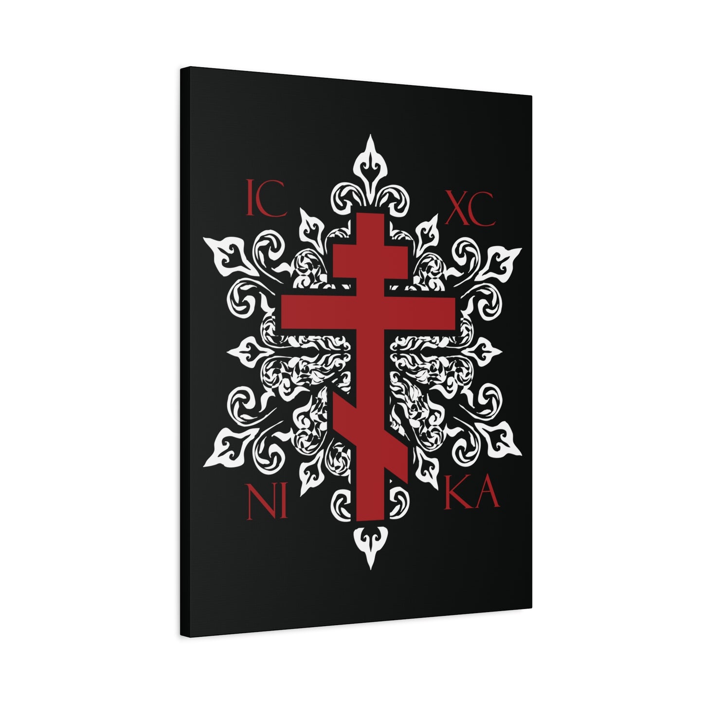 ICXC / NIKA Red Orthodox Cross on Ornate White Medieval Floral Design | Exclusive Best-Selling | Orthodox Christian Canvas Art