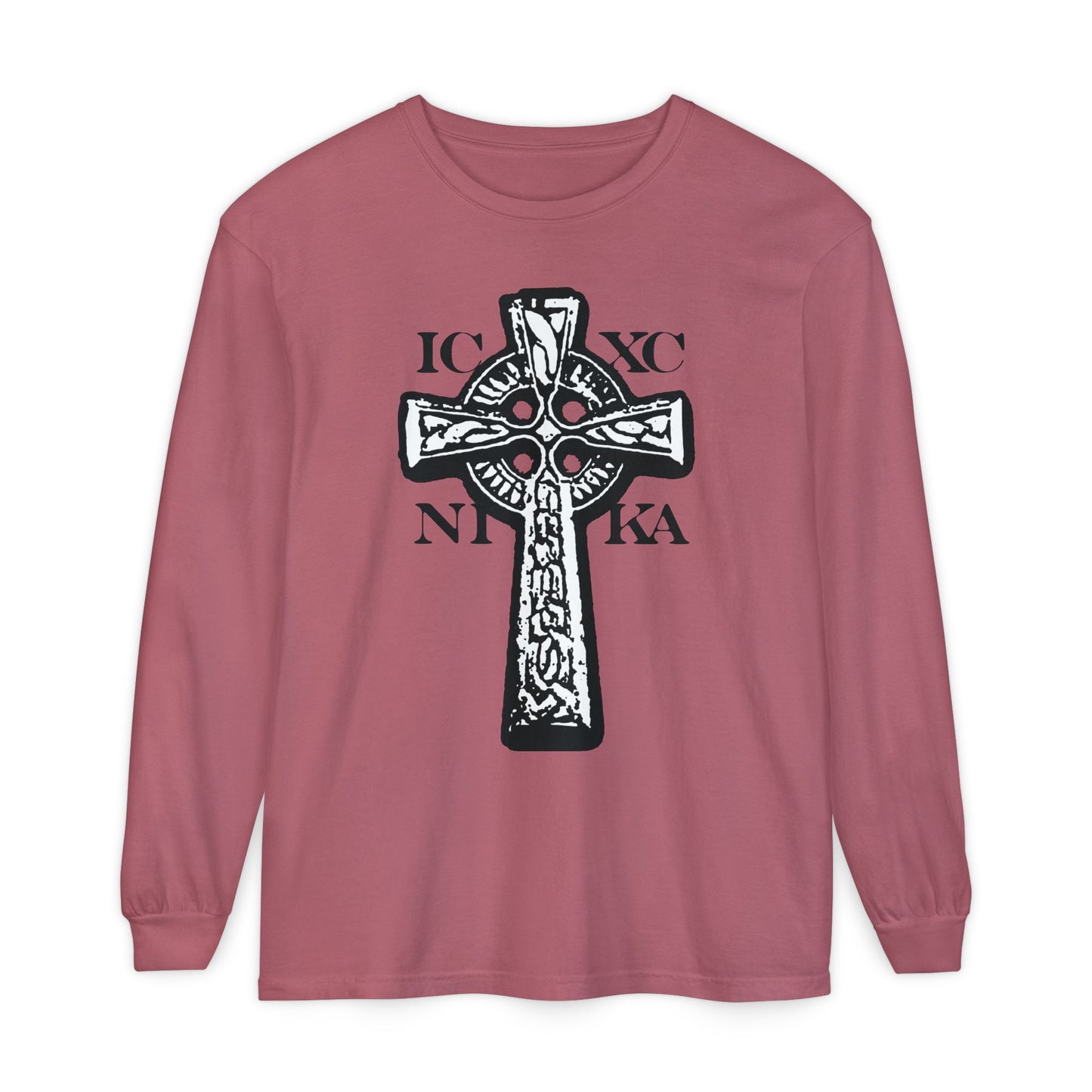 Crimson long-sleeve shirt featuring a large black and white ICXC NIKA Celtic Knotwork Cross on the front, with "Jesus Christ Conquers" in Greek. Traditional Orthodox Christian design.