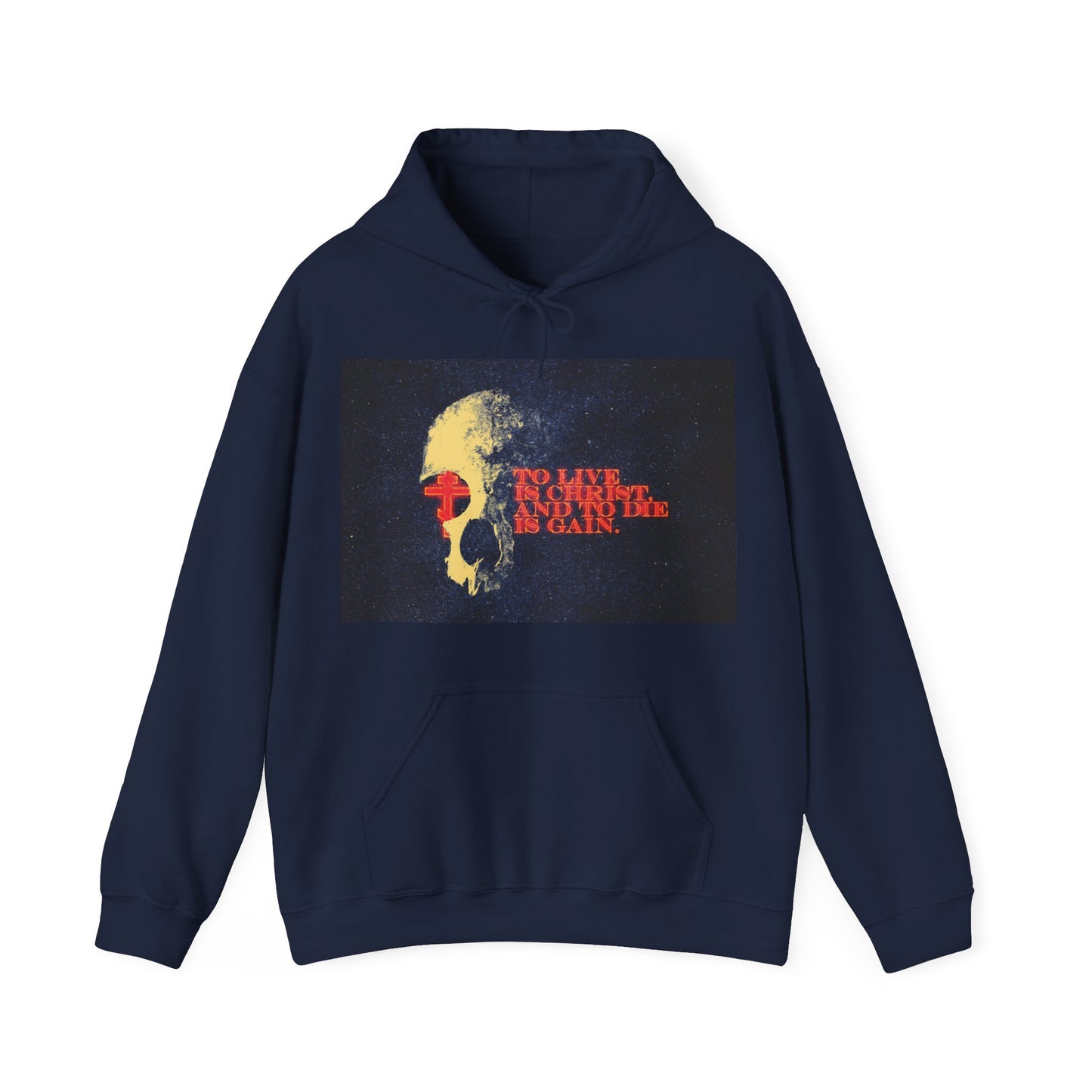 To Live is Christ and to Die is Gain | Phil 1:21 | Retro Texture | Glowing Letters and Cross with Skull | Orthodox Christian Hoodie