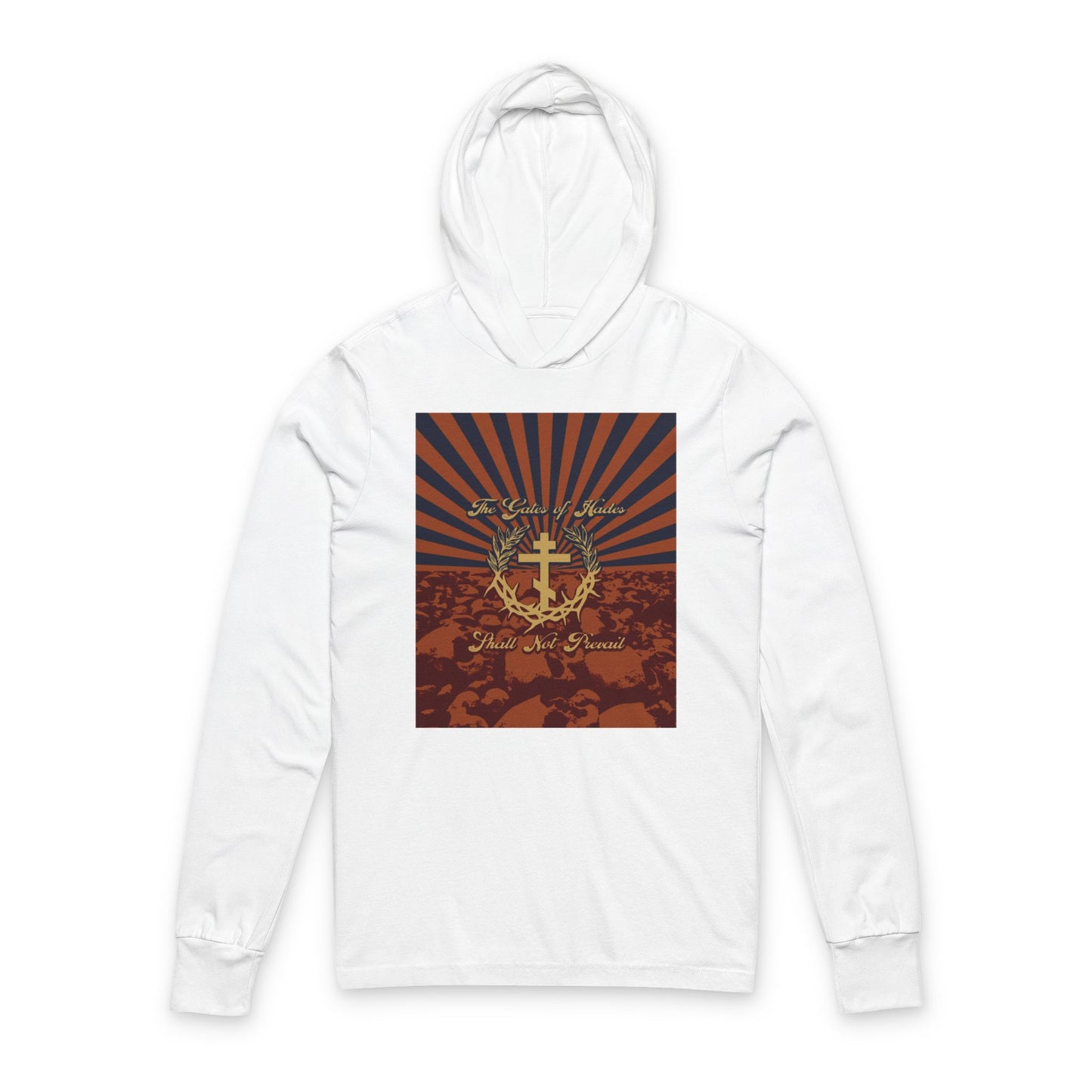 The Gates of Hades Shall Not Prevail | Cross with Wreath & Crown of Thorns | Skulls and Rays | Orthodox Long Sleeve Hooded Shirt