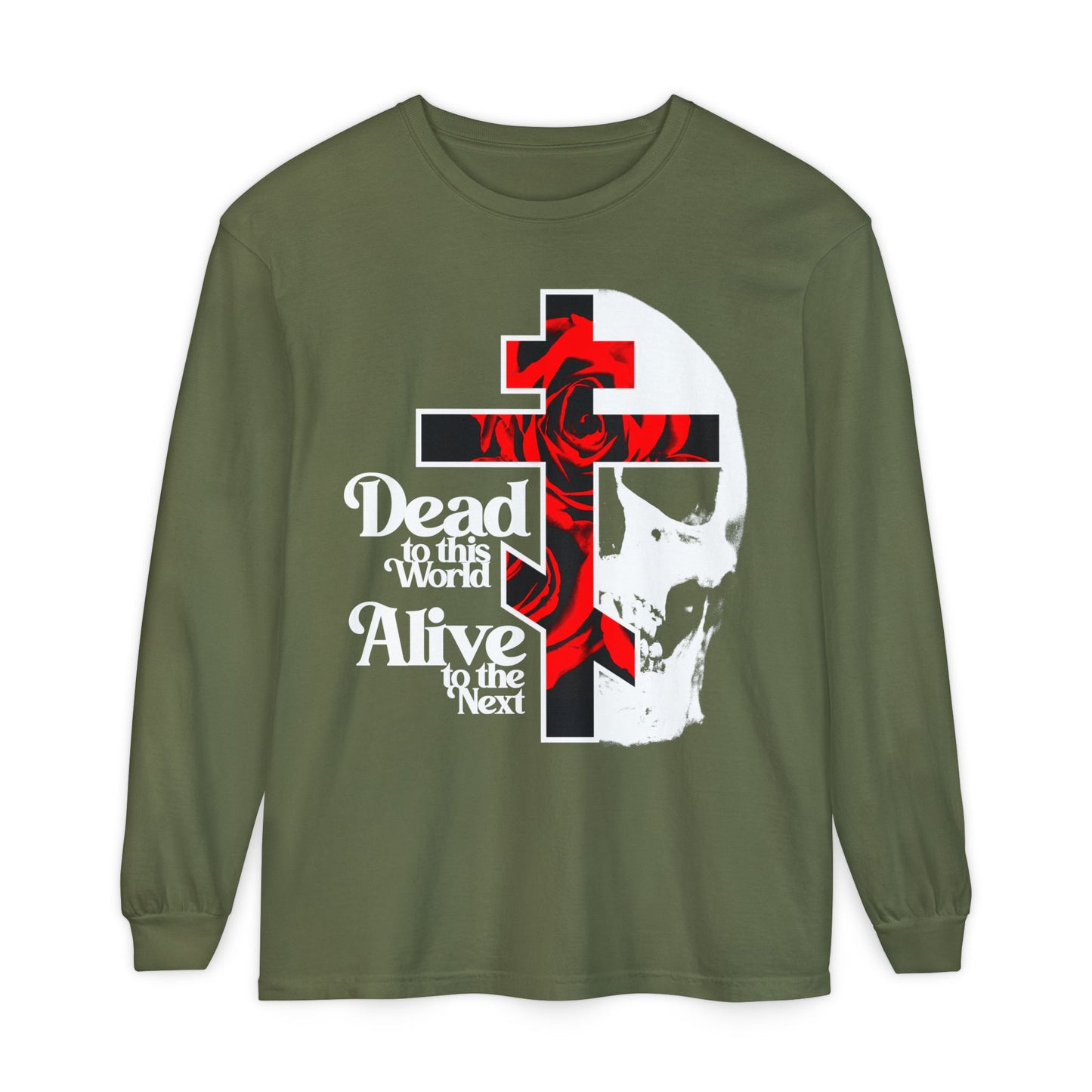 Hemp long-sleeve shirt featuring a cross, skull, red roses, and “Dead to this World, Alive to the Next” in 70s typography—Christian Goth design symbolizing spiritual transformation and Orthodox faith.