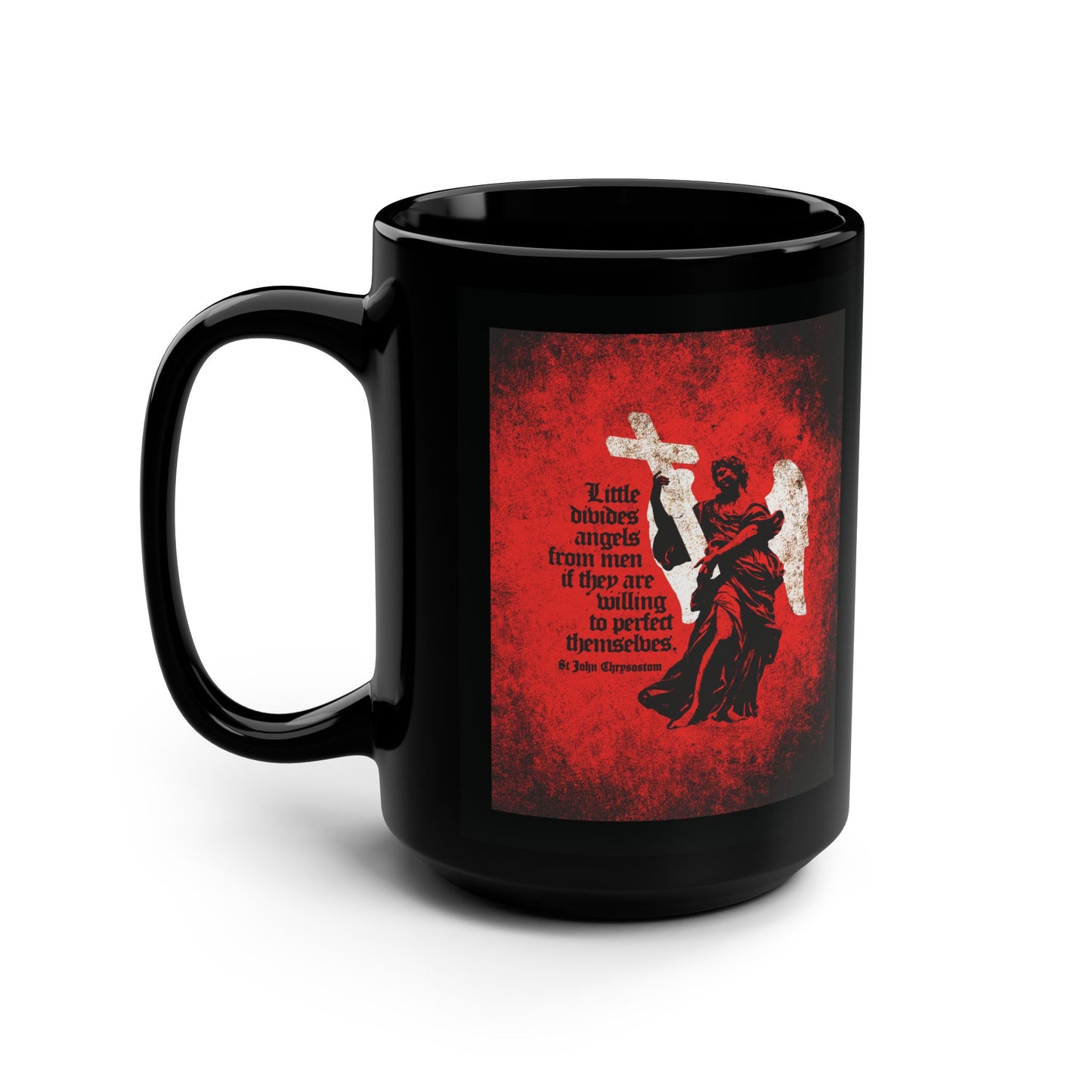 Little Divides Angels from Men | Christian Perfection | St John Chrysostom | Textured Cemetery Angel | Orthodox Christian Black Mug