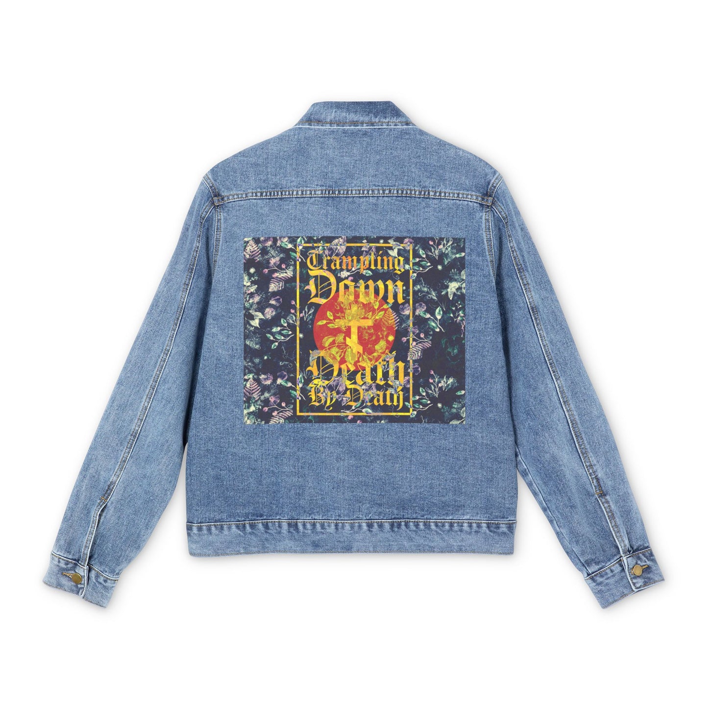 Trampling Down Death By Death | Paschal Floral Design with Gothic Script and Three-Bar Cross | Orthodox Christian Blue Denim Jacket