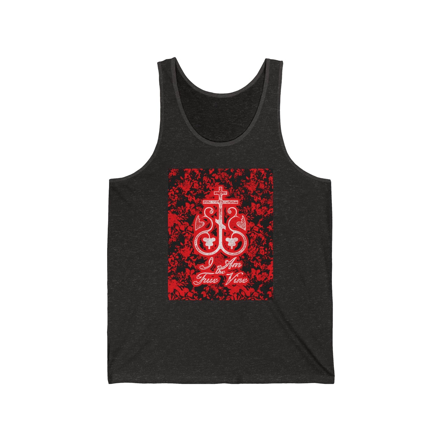 I Am the True Vine (John 15:1) | Orthodox Cross Vine Monogram | Red and Black Floral Design | Orthodox Christian Jersey Tank Top / Sleeveless Shirt