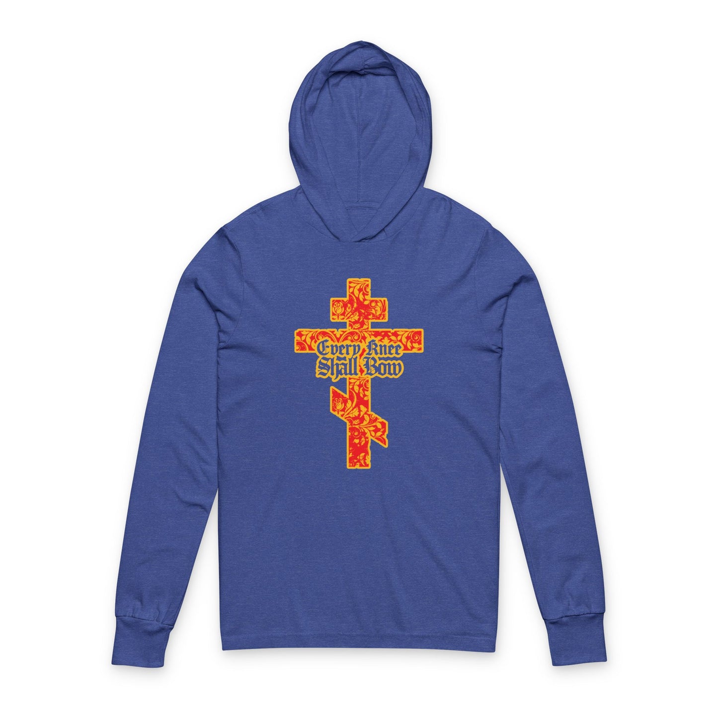Every Knee Shall Bow hooded shirt featuring a gold and red ornate Orthodox cross with Gothic lettering, inspired by Isaiah 45:22-24 and Phil 2:7-11. Christian-themed design on a blue hoodie.