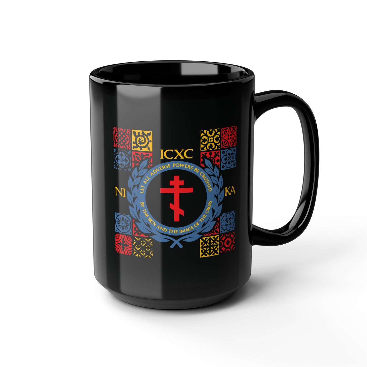 Let All Adverse Powers Be Crushed (Red, Yellow & Blue Design) | ICXC NIKA | Medieval Tile Design | Orthodox Christian Black Mug