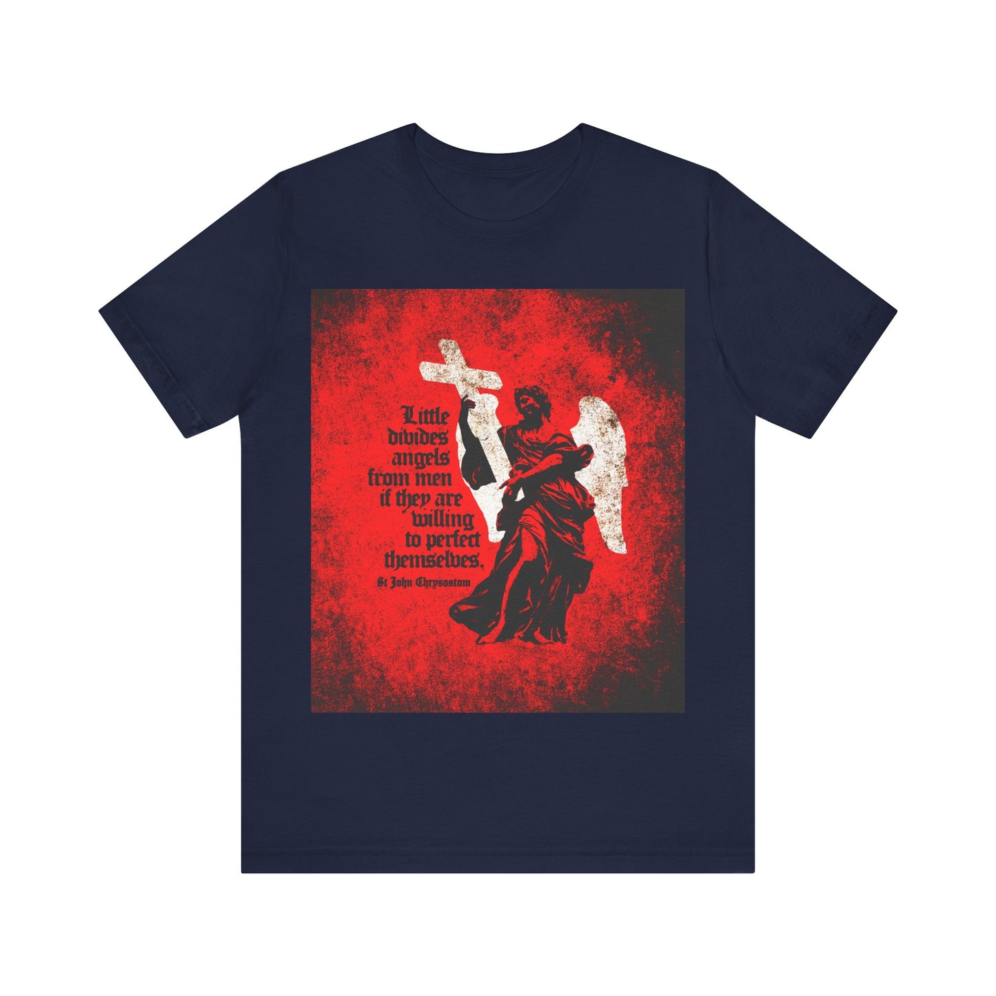 Navy "Little Divides Angels from Men" Orthodox Christian T-shirt featuring a textured cemetery angel and a quote on Christian perfection by St John Chrysostom—an ideal way to express your faith.