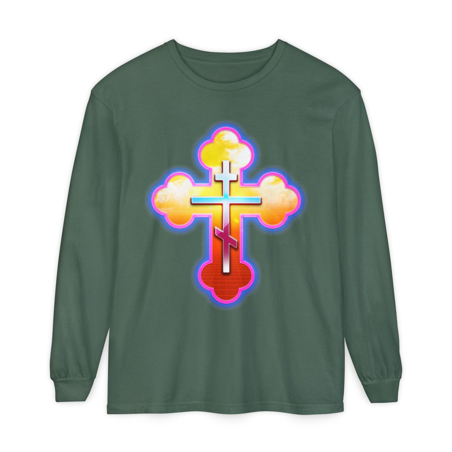 80s Synthwave Retrowave Outrun Aesthetic | Glowing & Reflective Gold & Red Three-Bar Cross | Orthodox Christian Cotton Long Sleeve Shirt