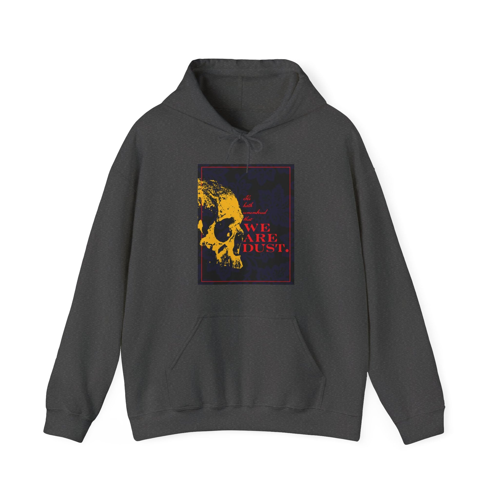 Dark Heather hoodie with a yellow skull on a blue floral background, red "WE ARE DUST." text, inspired by Psalm 102/103 (LXX), blends Memento Mori and Orthodox Christian gothic style.
